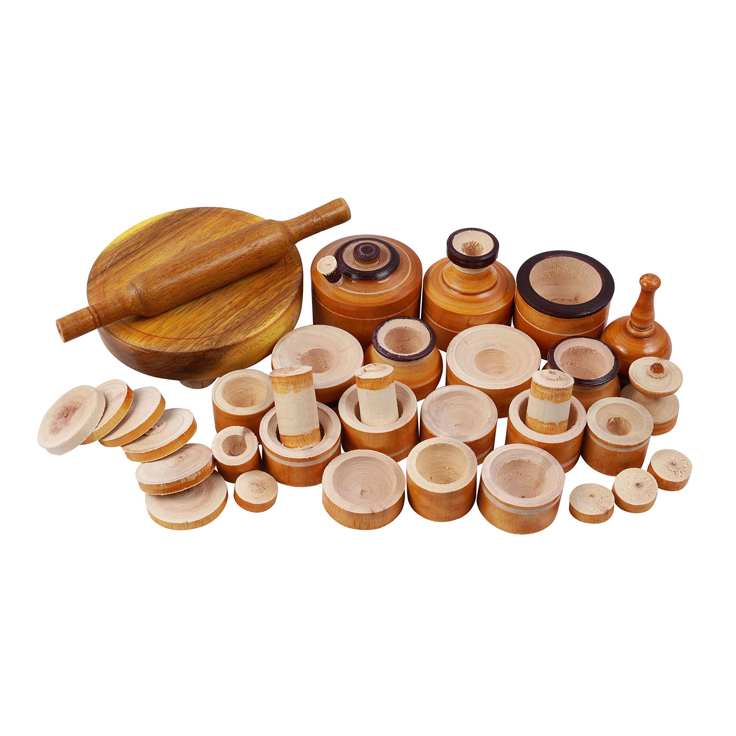 Paljji Handicrafts Eco Friendly Wooden Rural Kitchen Toy| Set for Kids Pack of 32 Yellow Color | Chakla Belan Toy (B09FR74KFP) Amazon Price History, Amazon Price Tracker