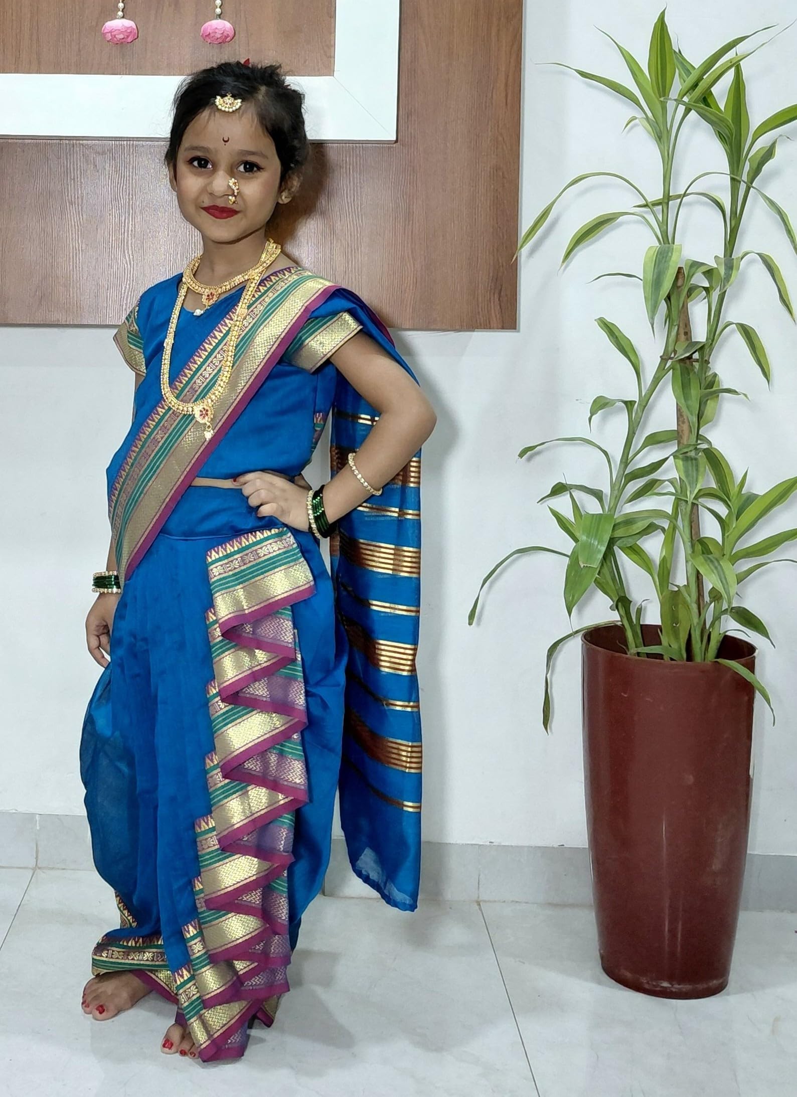 Mom and Me Girls' Ready-to-Wear Mastani Nauwari Saree with Stitched Blouse | Traditional Maharashtrian Ilkal Border | Soft Acrylic Cotton | Age 12 Months to 15 Years (Blue, 12-13 Years) - Image 5 thumbnail