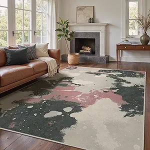 Area Rugs 8x10 for Living Room Bedroom, Modern Splash Abstract Machine Washable Rug, Large Soft Low Pile Floor Cover with Non Slip Backing for Dining Room, Pink/Charcoal