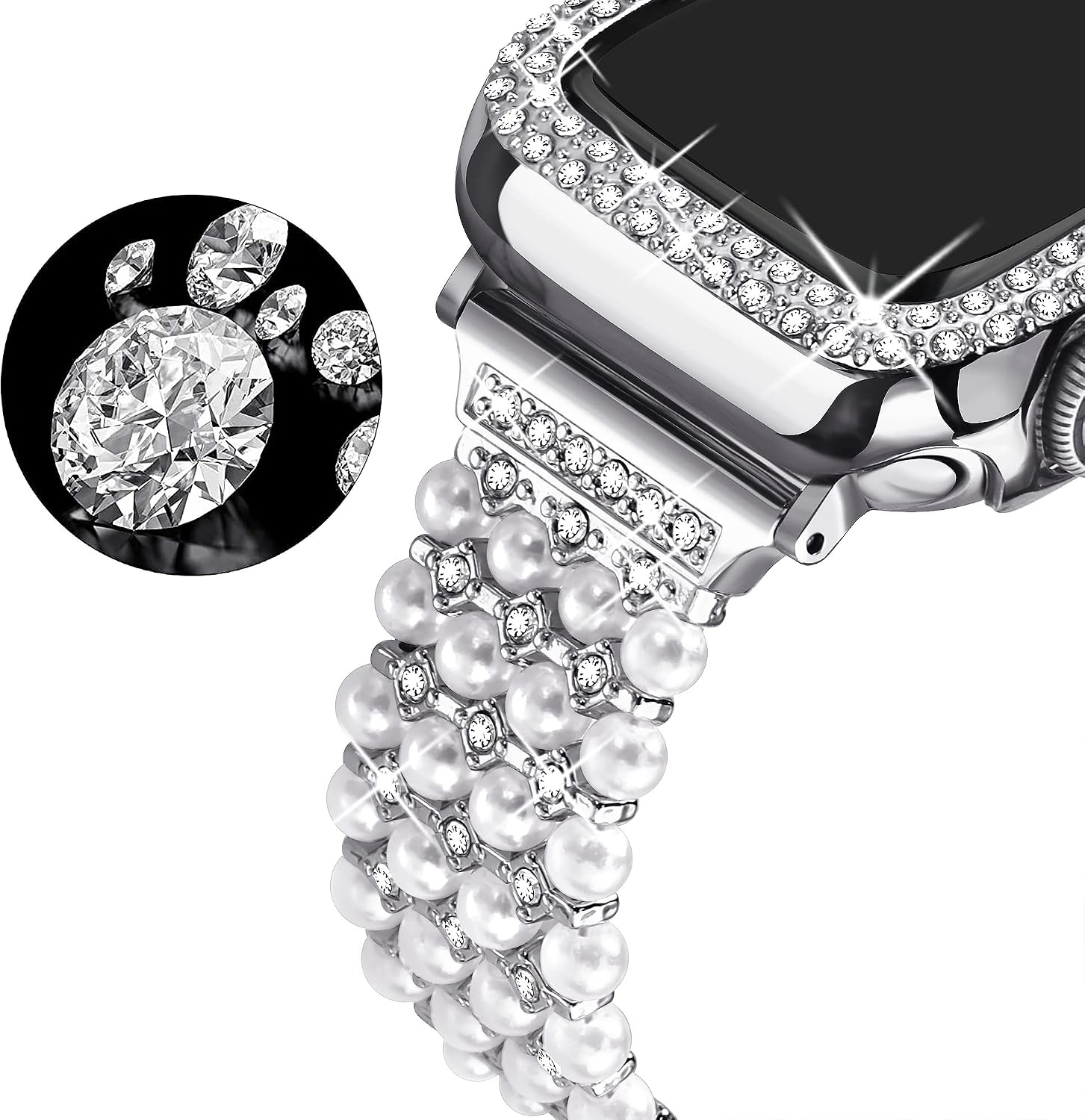 Secbolt Bling Beaded Bracelet Compatible with Apple Watch Band 38mm 40mm 41mm 42mm 44mm 45mm, Women Dressy Pearl Bracelet with Rhinestone Case for iWatch SE Series 8/7/6/5/4/3/2/1