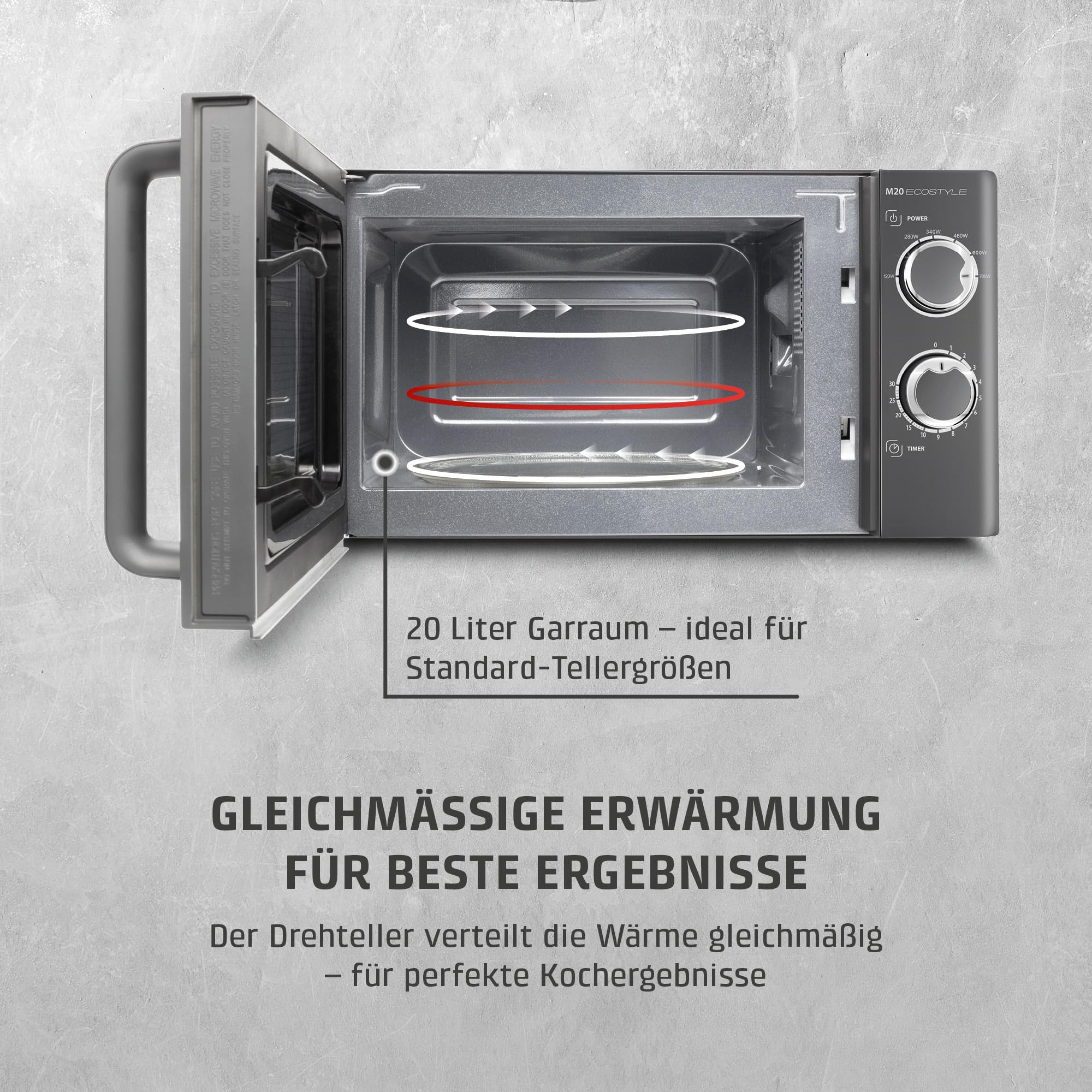 CASO M20 Ecostyle, Mikrowelle, 20 L Garraum, 700 Watt Leistung, anthrazit | einfache Bedienung, Drehteller Ø 24,5cm