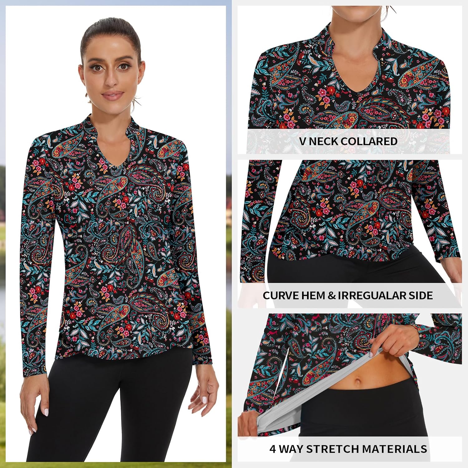 Soneven Womens Long Sleeve Golf Shirts Moisture Wicking V Neck Golf Polo Shirts Collarless Tennis Shirts - Image 3