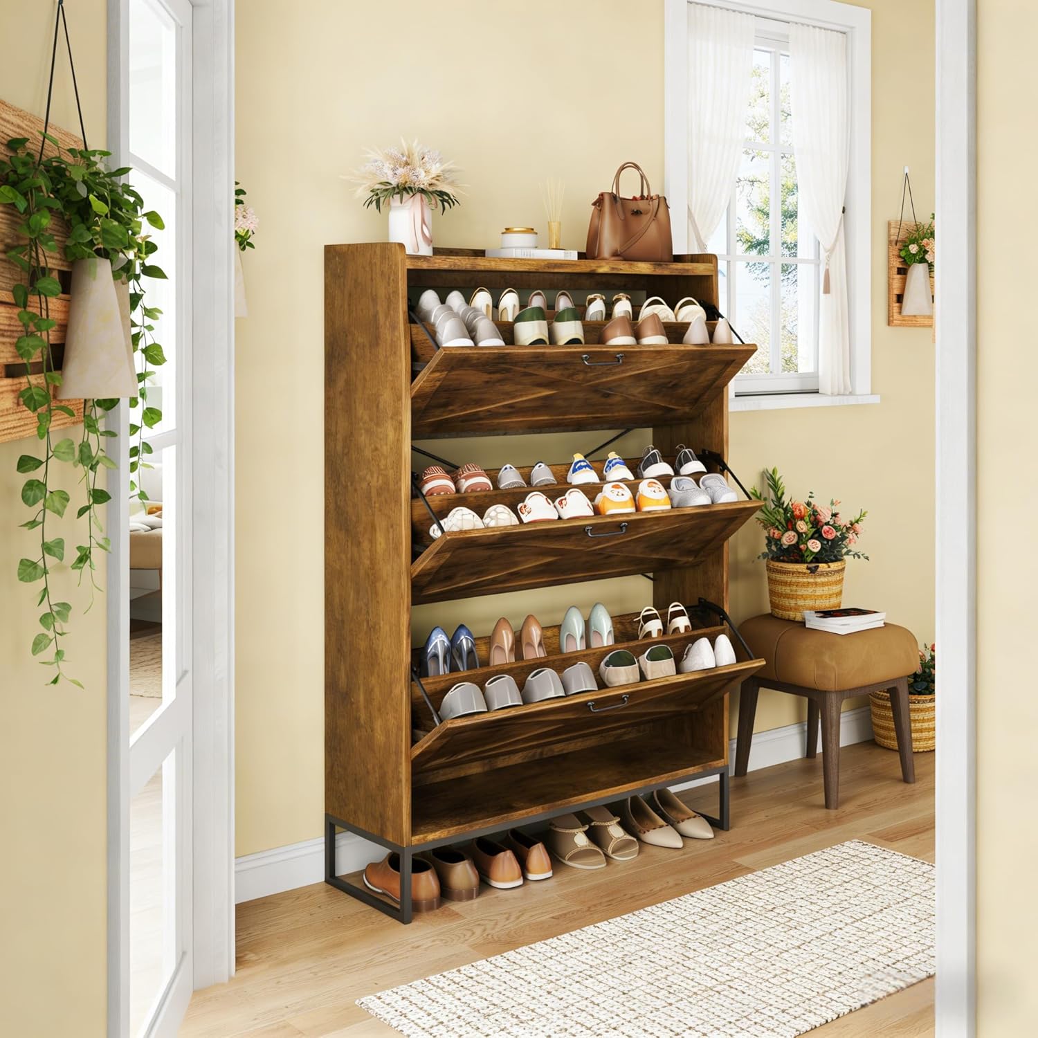 Shoe Cabinet with 3 Flip Drawers, Narrow Shoe Rack Cabinet, Freestanding Wood Shoe Cabinet, Farmhouse Shoe Storage Cabinets for Entryway, Hallway, Foyer, Rustic Brown