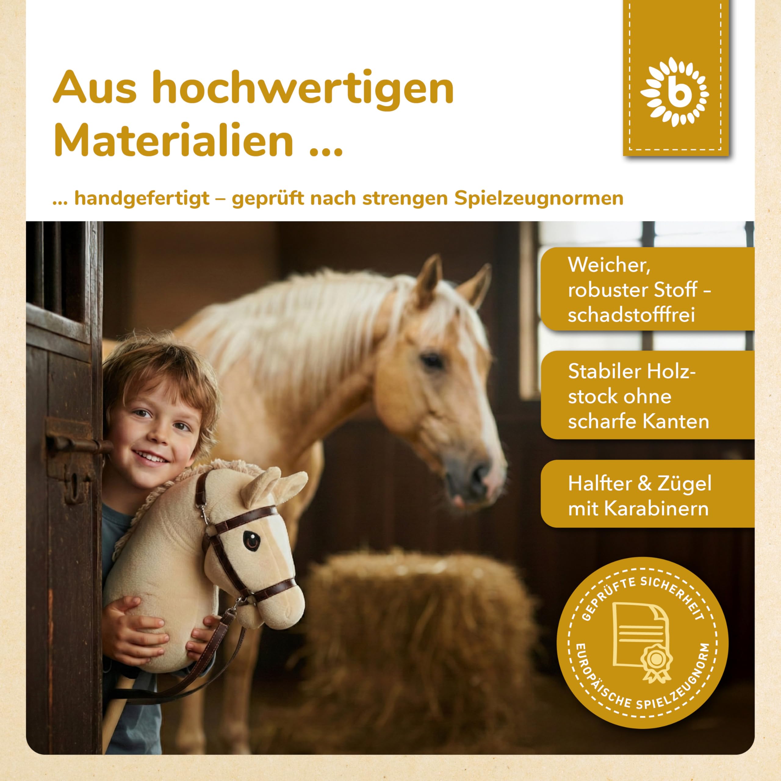 Bieco Caballo de Juguete Beige - Tamaño M, con Brida | Barra y Cola Desmontables, para Salto, Doma y Juego | Caballo de Juguete