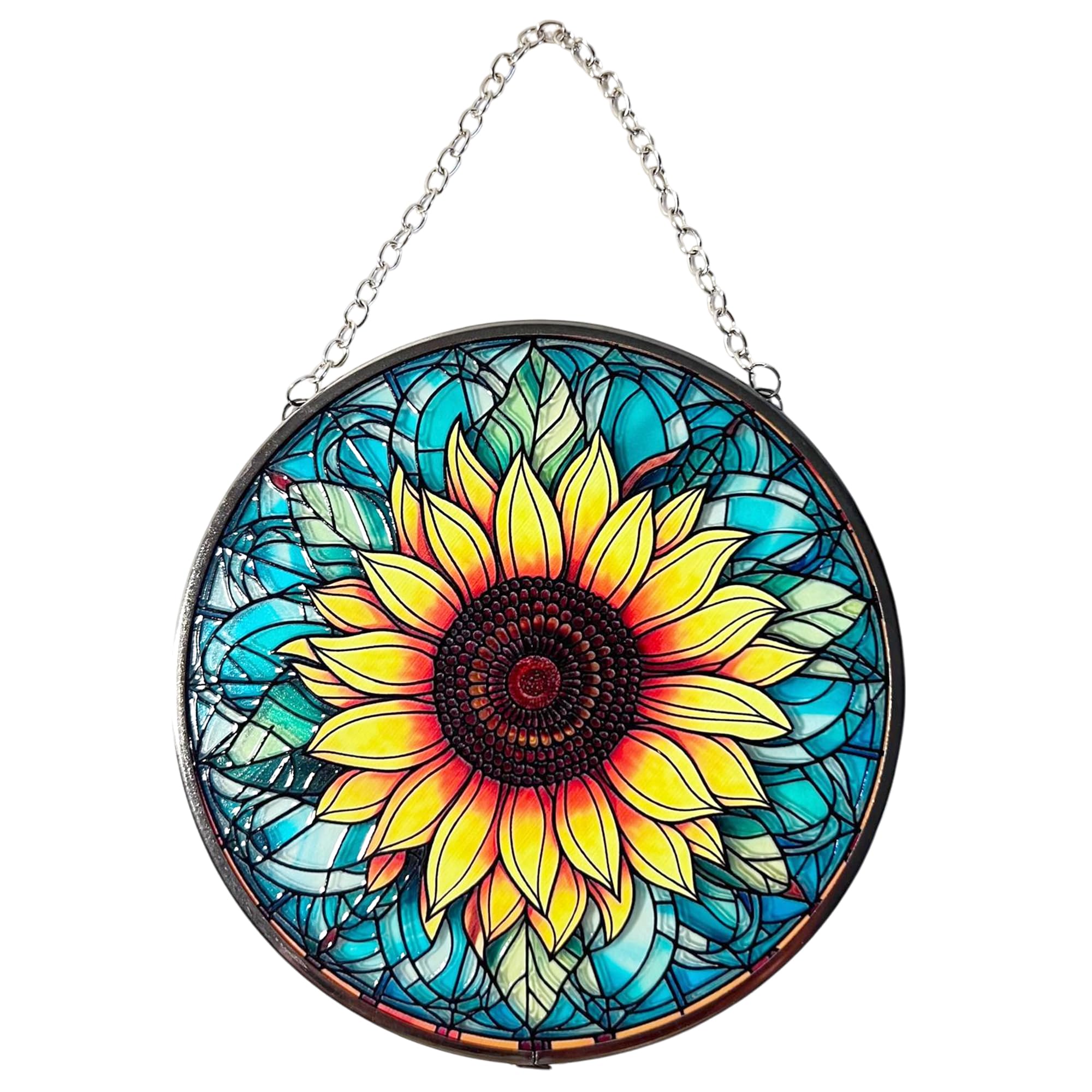 Thorness Multicolor Vibrant Sunflower Stained Glass Suncatcher, 6-Inch Decorative Window Ornament