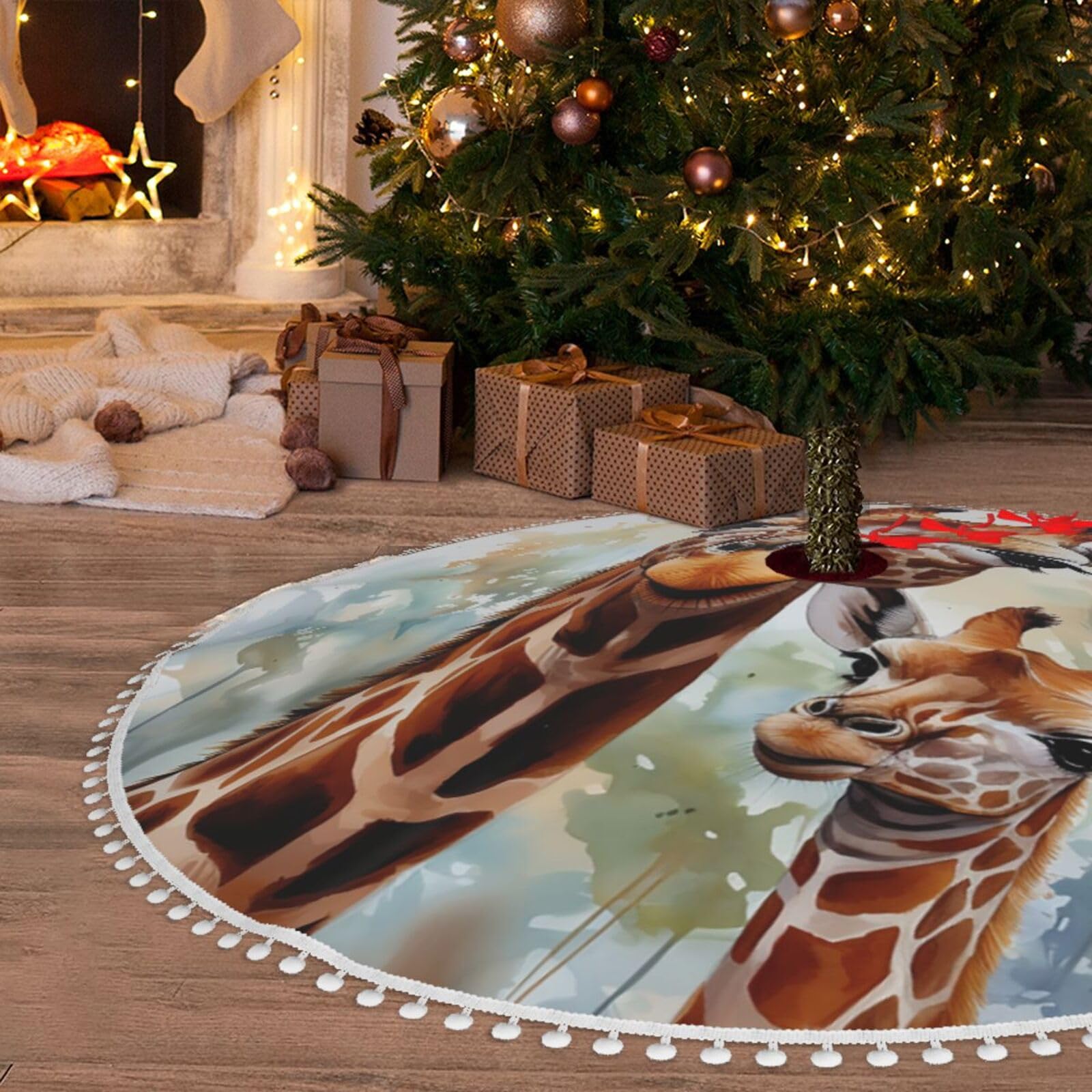 Jupe de sapin motif cerf et girafe, l'excellence de la peluche douce