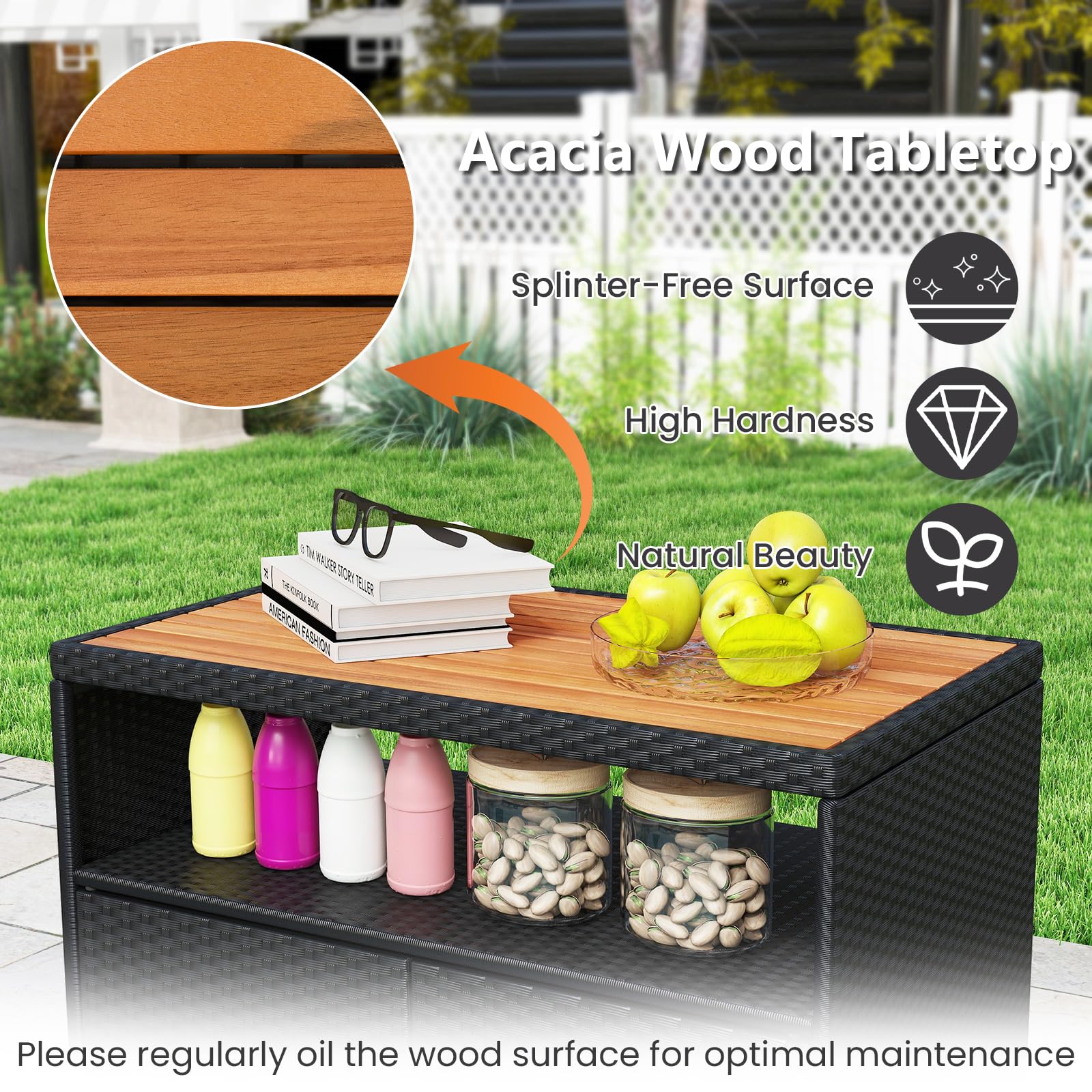 GIANTEX Armoire de jardin buffet en rotin avec plan de travail et étagère, armoire d'appoint pour jardin, balcon et piscine, 90 x 53 x 86 cm, noire