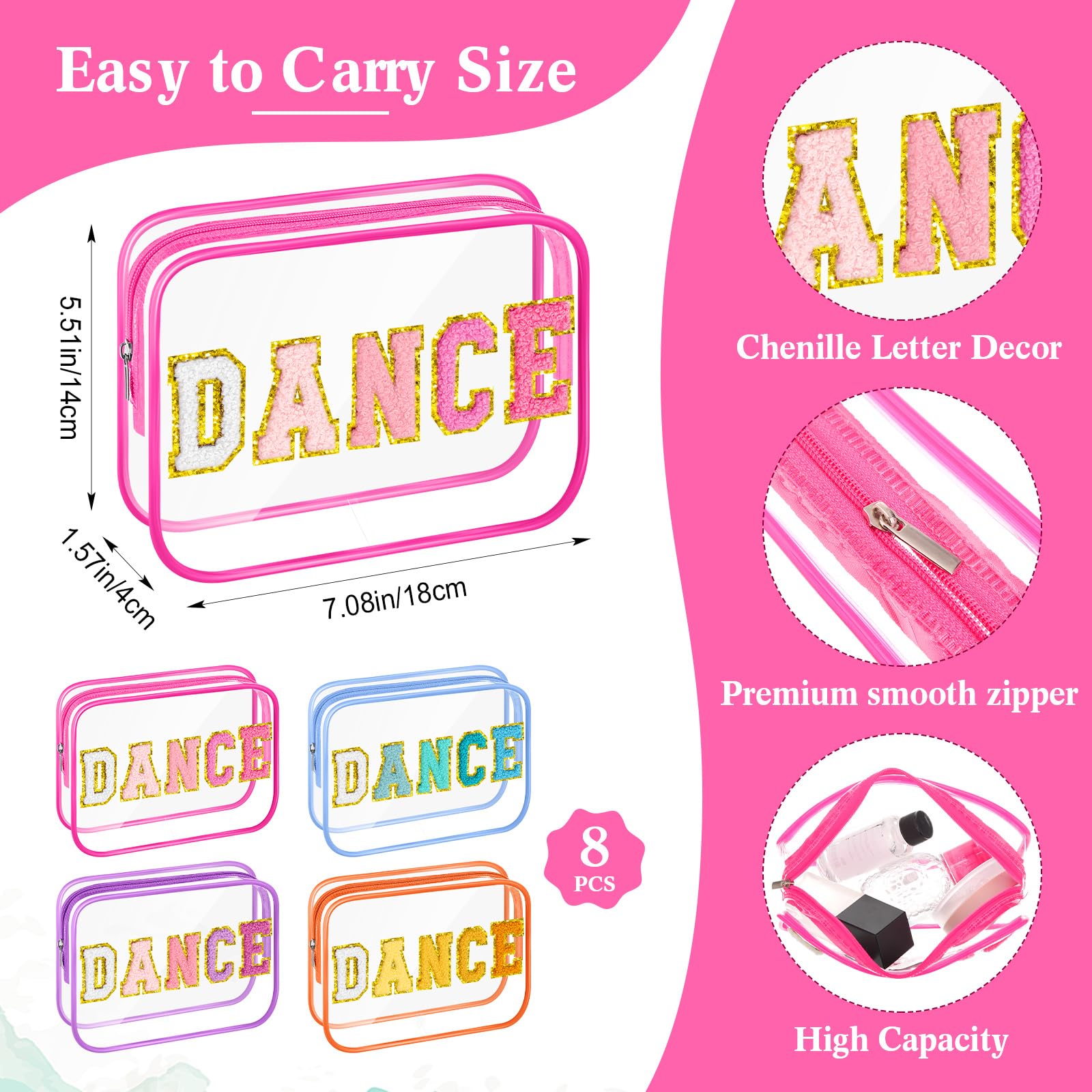 Kacctyen 8 Pcs Clear PVC Makeup Bags with Chenille Letter Patches