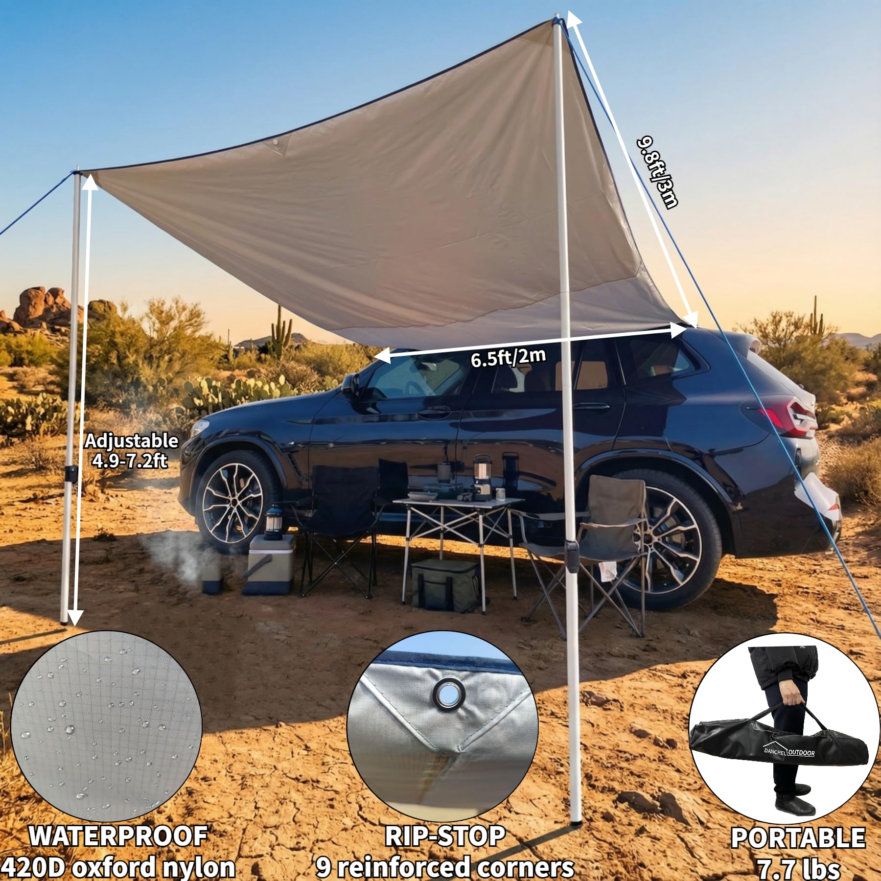 DANCHEL OUTDOOR Auvent portable à ventouses de voiture - 3,5 kg - Accessoire d'atterrissage non nécessaire