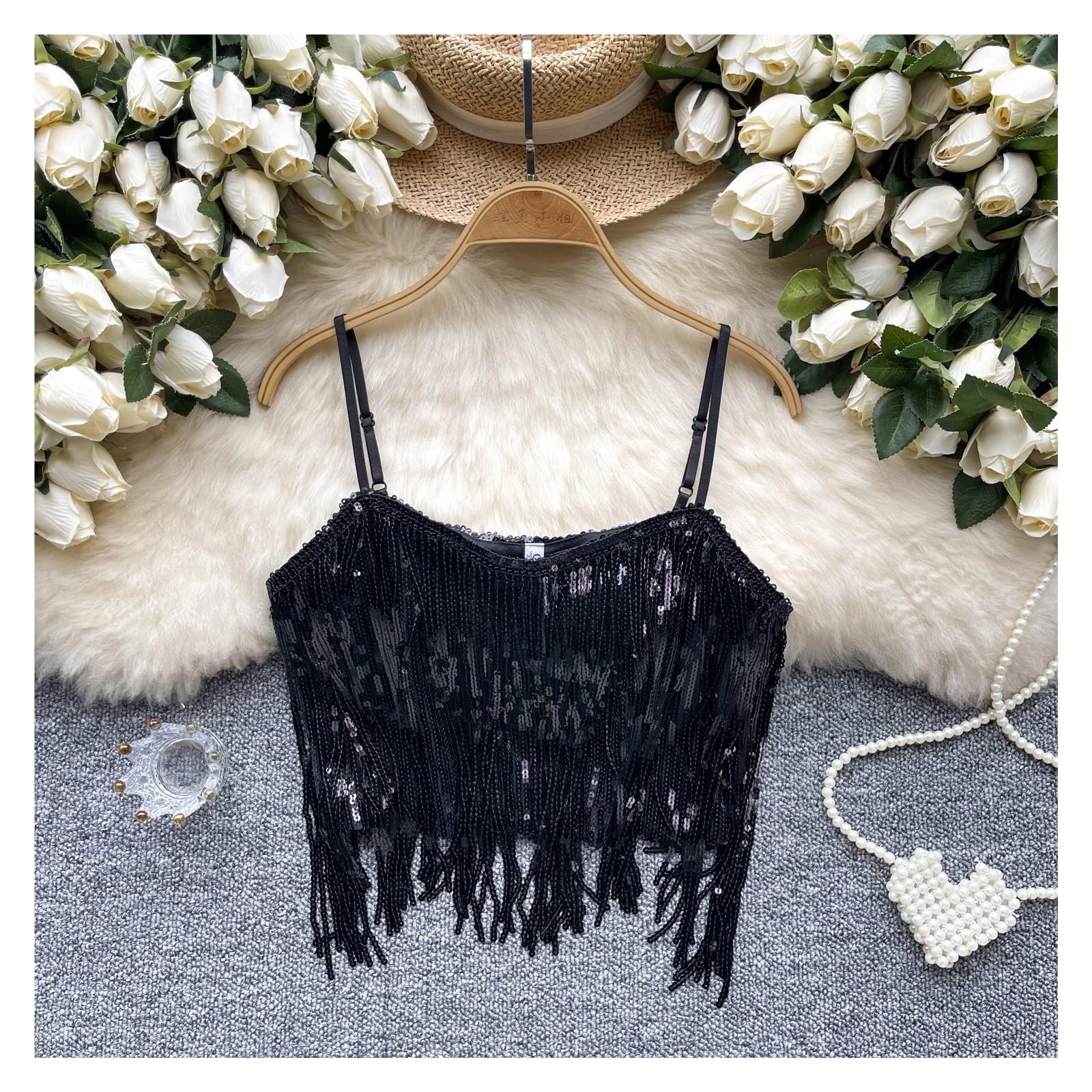 Top con Frange Set di Top con Paillettes e Nappe Vintage con Top Chic, Top Estivo Dolce alla Moda da Donna per Le Donne(Black)