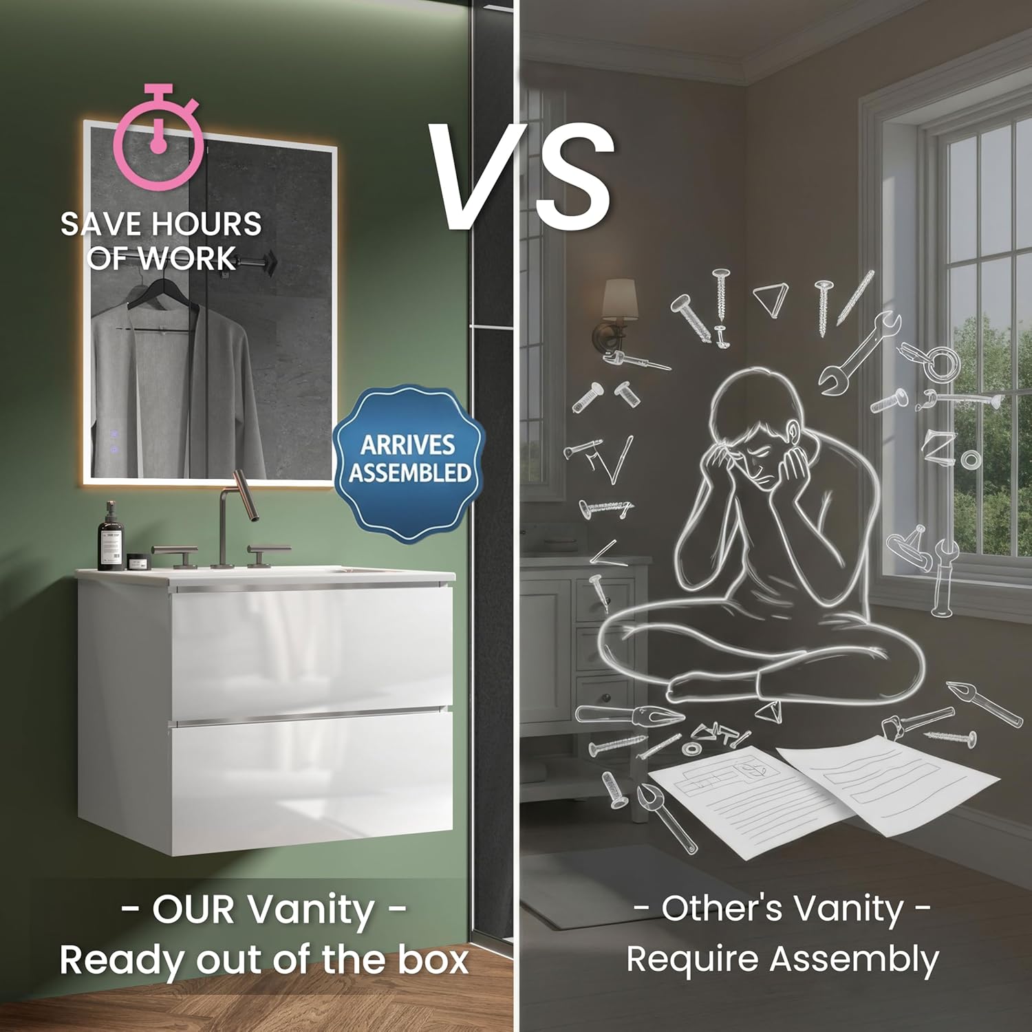 24" Bathroom Vanity with Sink, Modern Floating Vanity with Double Soft Closing Drawers, Large Storage for Small Space, Glossy White, Fully Assembled - Iris Collection