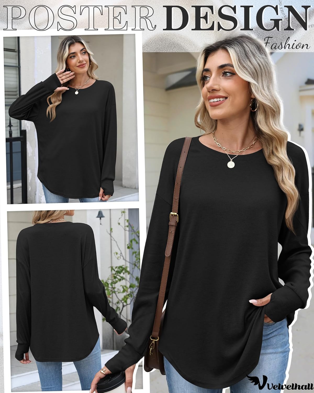 95% Cotton Long Sleeve Shirt for Women, Thumb Hole Oversized Tunic Tops, Crew Neck Loose Fit Trendy Basic Tees - Image 5