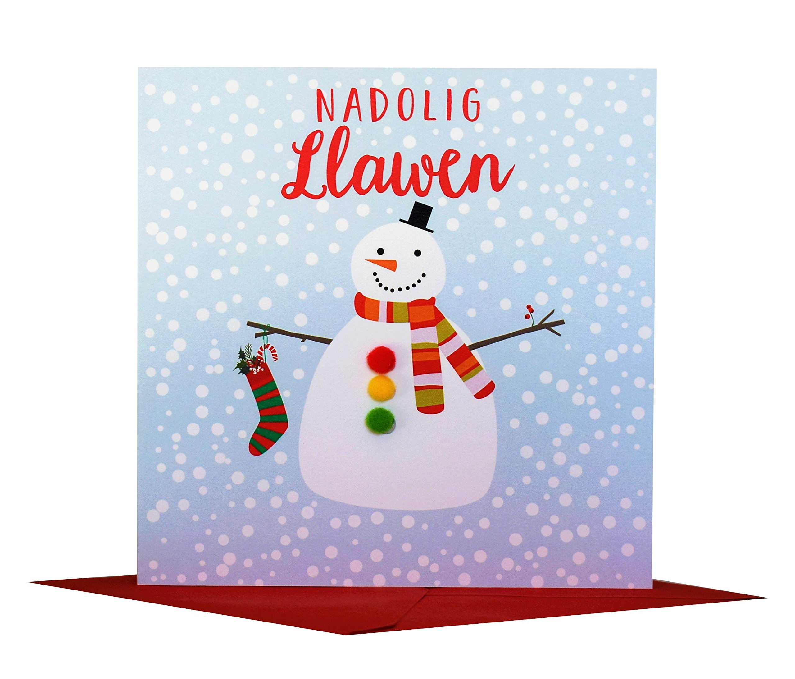 Claire Giles Greeting Cards, Welsh Happy Christmas Card, Nadolig Llawen, Snowman Design Xmas Greeting Card, Embellished with Colourful Pompoms