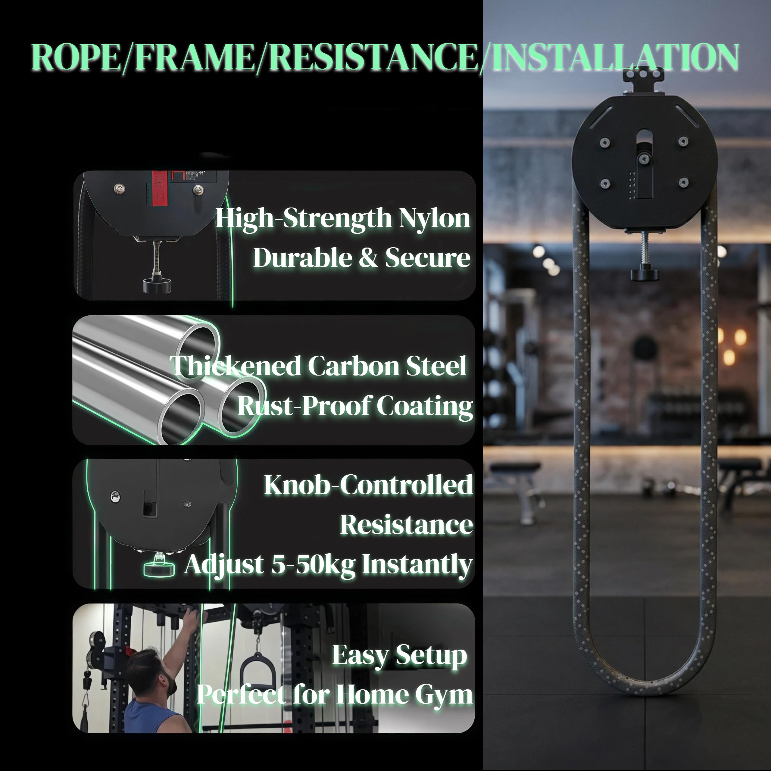 Generisch Endlosseiltrainer für Zuhause, Seilzugsystem mit verstellbarem Widerstand, Tragbarer Endless Rope Trainer für Krafttraining, Muskelausdauer & Fitness | heimtrainingssysteme kabelzug fitness zuhause
