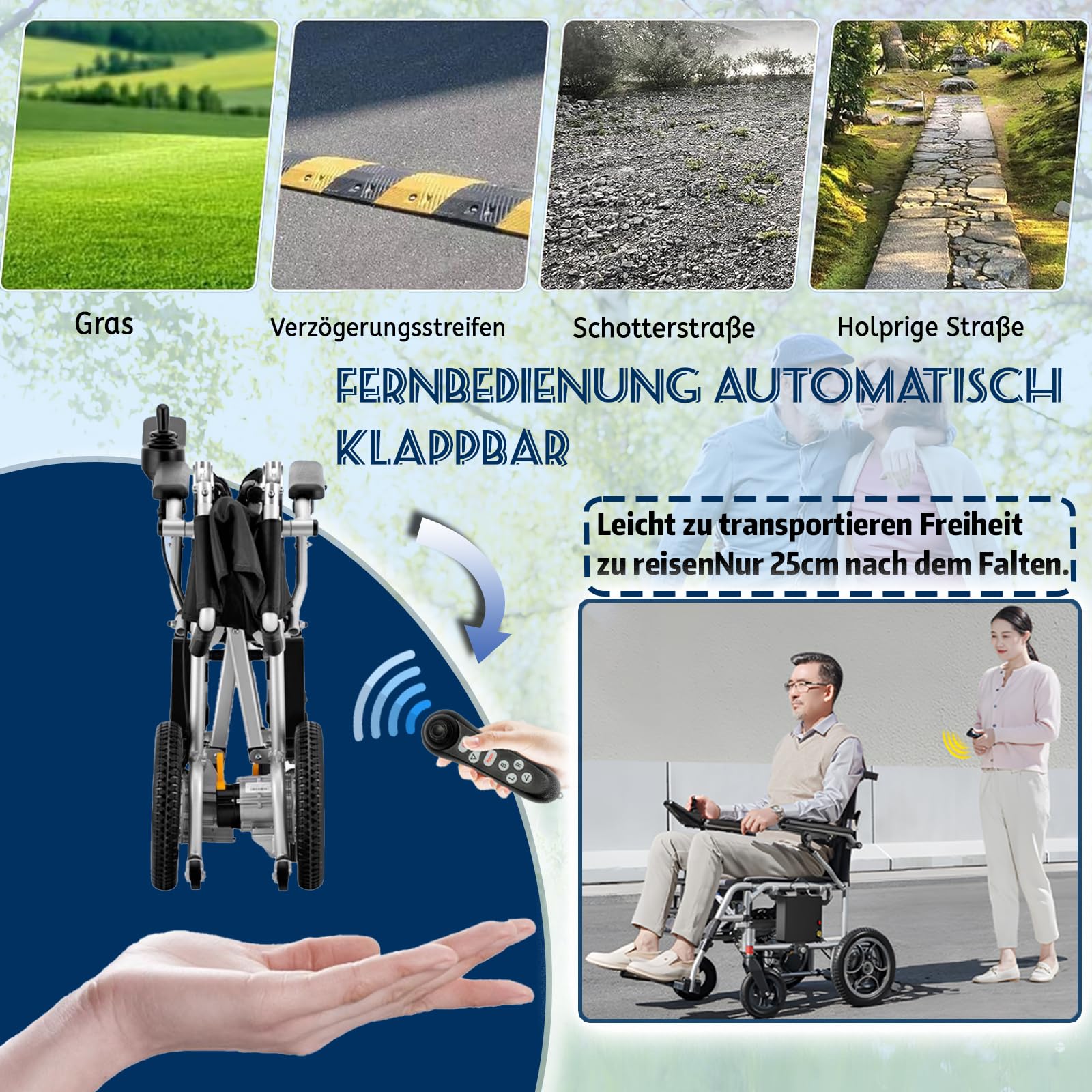 Elettrica Portatile Pieghevole E Leggera Per Adulti Anziani, Autonomia Di Viaggio Di 22 Miglia, Sedia Elettrica Motorizzata Per Tutti I Terreni Con Motori Senza Spazzole,With remote control