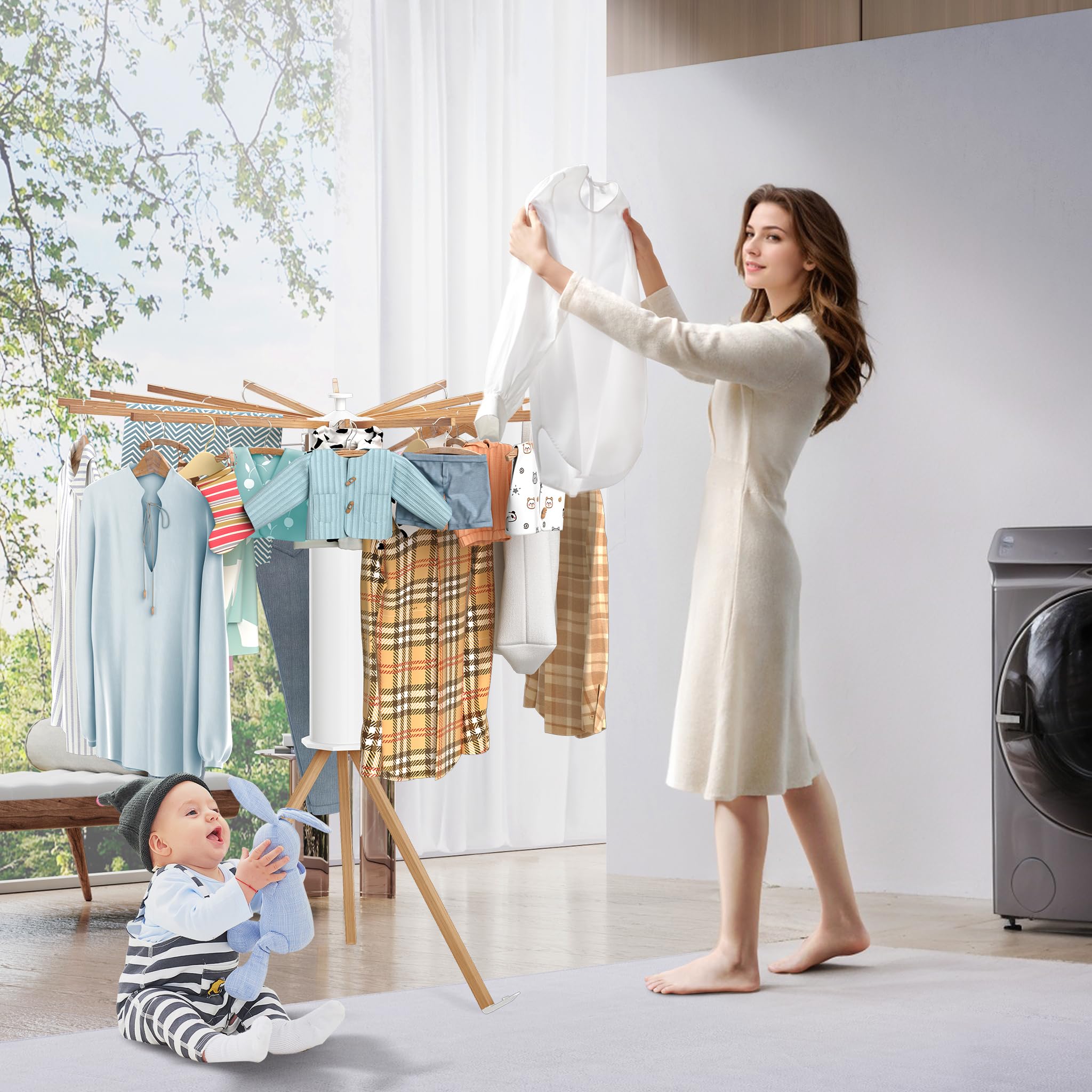 FIVMEN Tendedero plegable - Ahorra espacio, portátil con trípode y 16 barras para secar la ropa - Ventilador de ropa de gran capacidad para balcón, lavandería, baño, madera