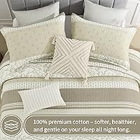 Vista 4 de KALOOLA Juego de edredón de granja tamaño King, 100% algodón, suave, ligero, acolchado con 2 fundas de almohada, patrón de rayas botánicas neutras