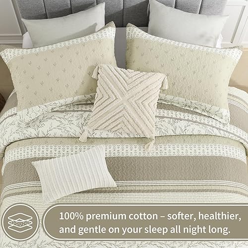 Miniatura 4 de KALOOLA Edredón floral tamaño King 100% algodón, suave, ligero, juego de ropa de cama acolchado de 3 piezas, colcha de patrón botánico estampado de