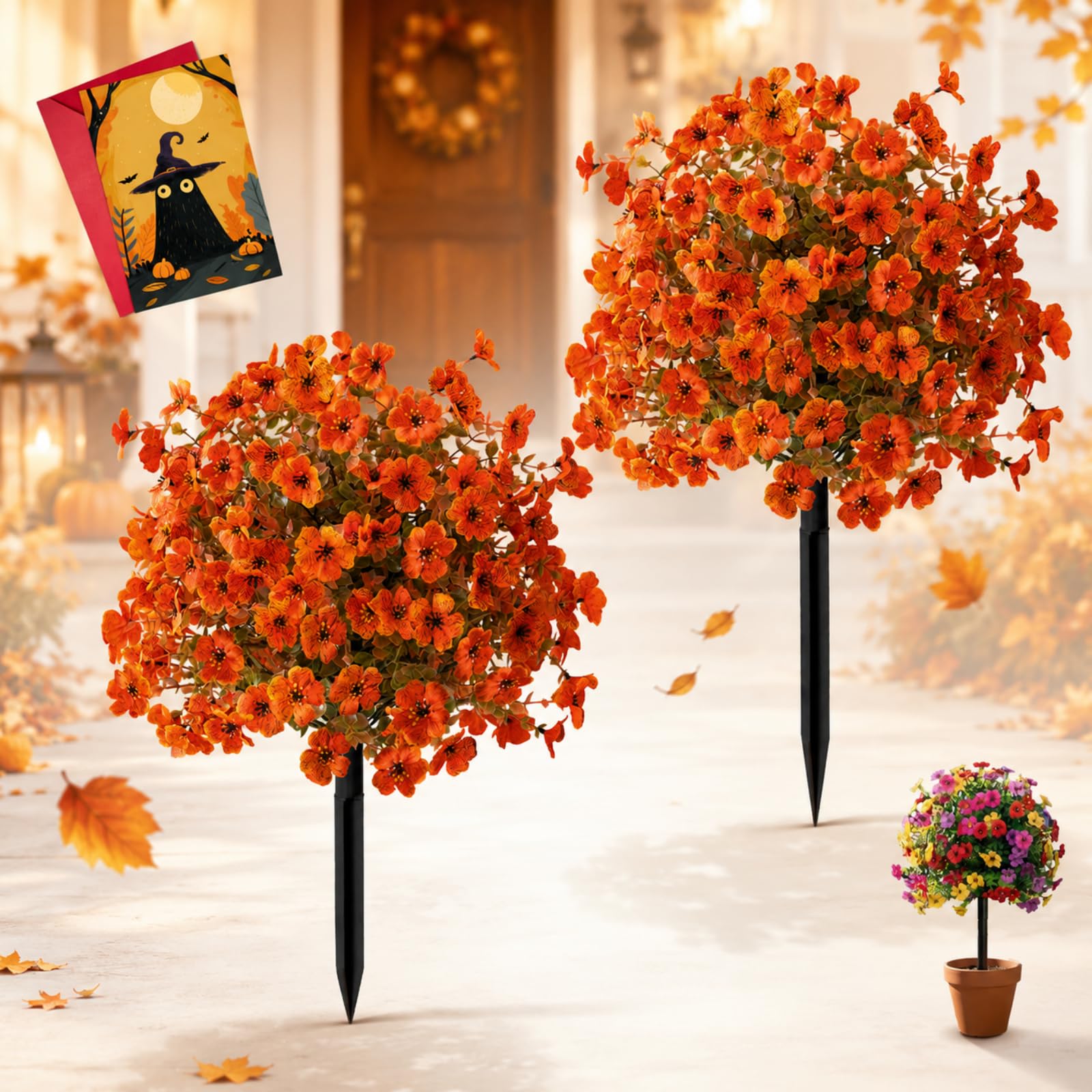 2 Pack Fall Pumpkin Topiary Trees with Stakes, 22" Outdoor Garden Stakes Decor with Orange Eucalyptus Leaves & Gourds, Fake Autumn Plant for Front Porch Pathway, Halloween & Thanksgiving Harvest (D)