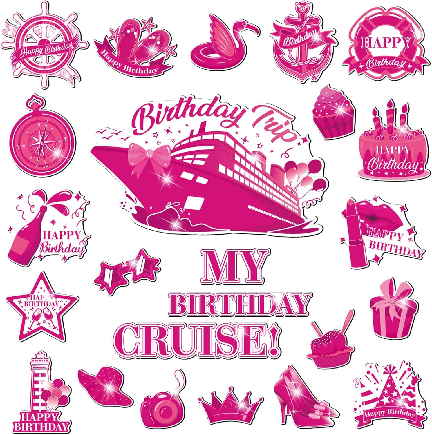 My Birthday Cruise Door Magnets Decorations, Hot Pink Happy Birthday Cruise Ship Door Decor Magnetic for Women Men Girls Boys Anniversary Party Supplies Favors Door Refrigerator Fridge Car Kitchen