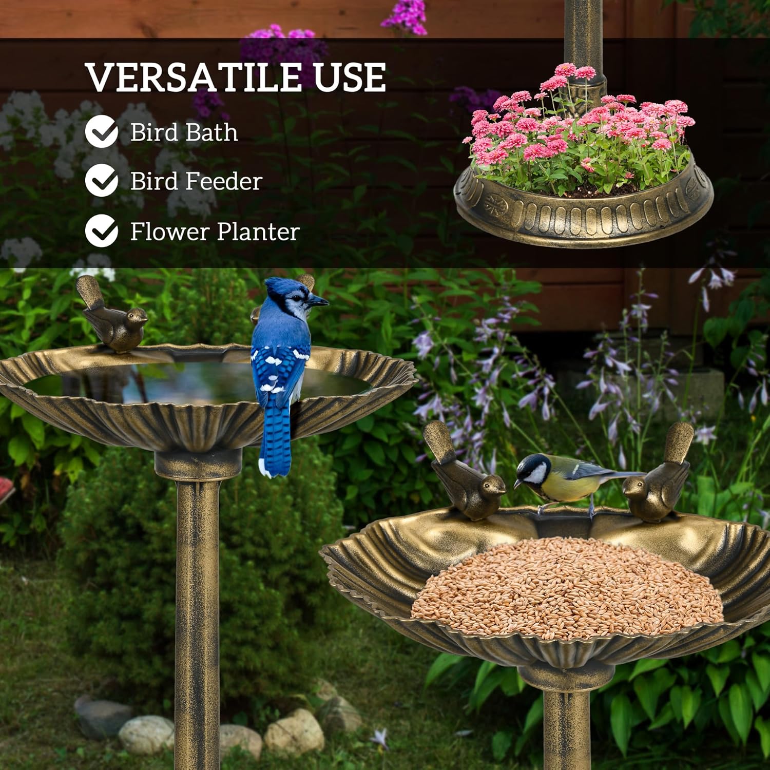 Outsunny 32" Antique Bird Bath with Pedestal Flower Planter Base, Vintage Style Decorative Birdbath, Bird Feeder Bowl & Planter Decoration Yard Statue, Bronze