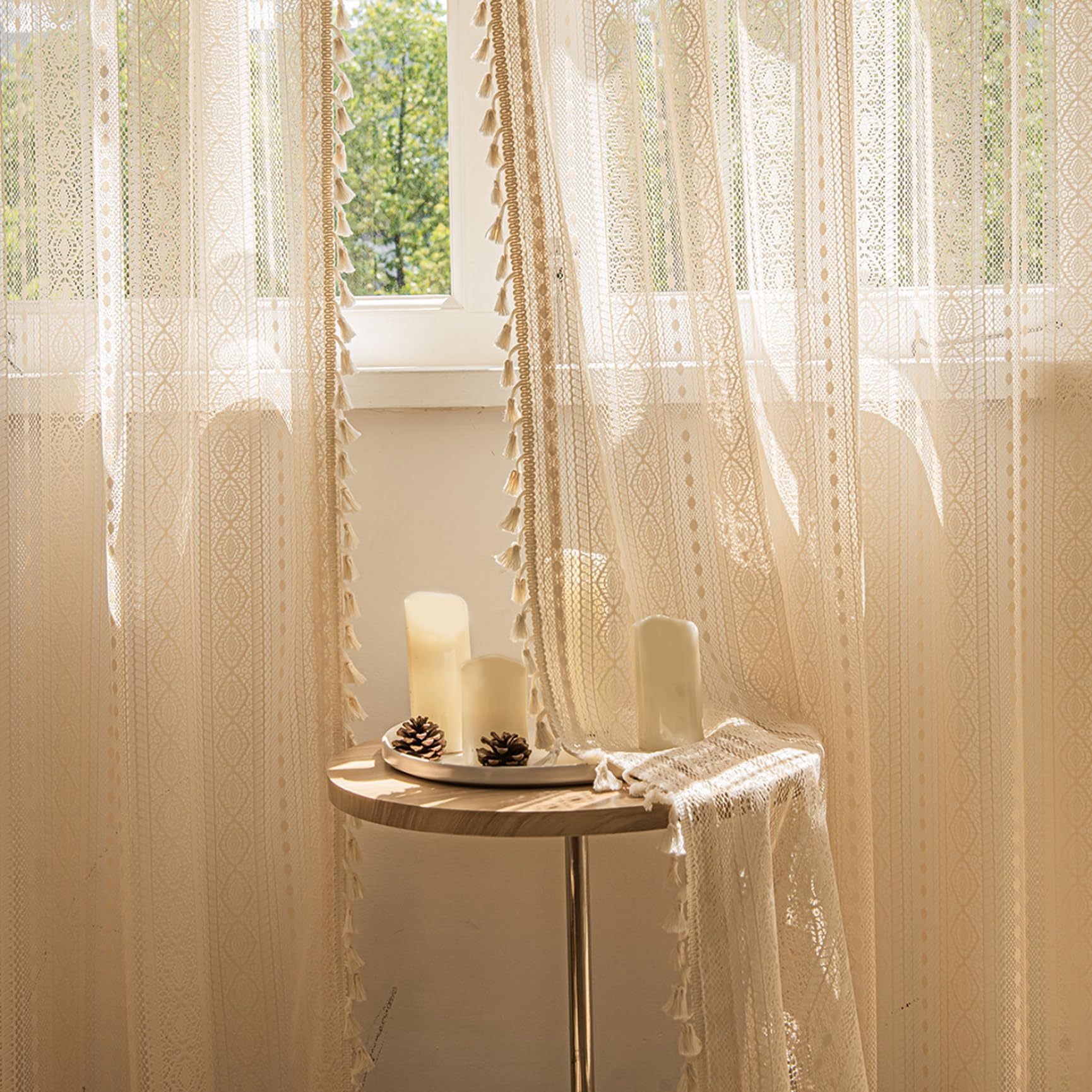 Faticenic 2 Panels Boho Curtains 58x84 inch Rod Pocket Semi Sheer Crochet Boho Lace Curtains with Tassel for Bedroom Living Room, Indoor Decorations