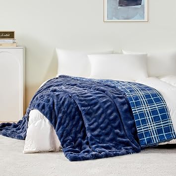 ALPHA HOME, Fluffy Polyester Throw Blanket, Throw Size, Blue | lightweight, soft faux fur feel, modern floral pattern, OEKO-TEX certified, for couch, sofa or bed
