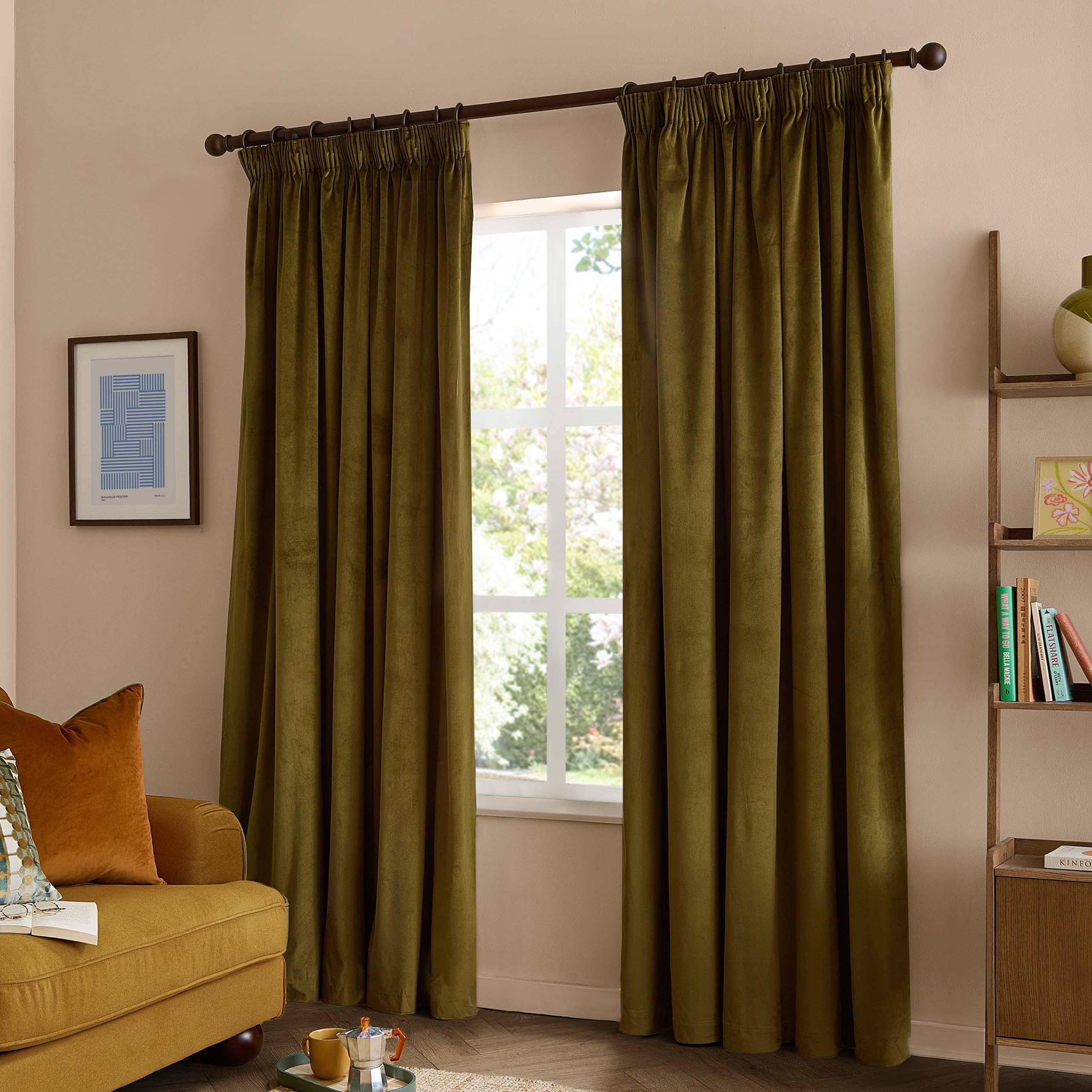 furn. The Ultimate Velvet Pencil Pleat Curtain Pair (Olive - 168x183cm)