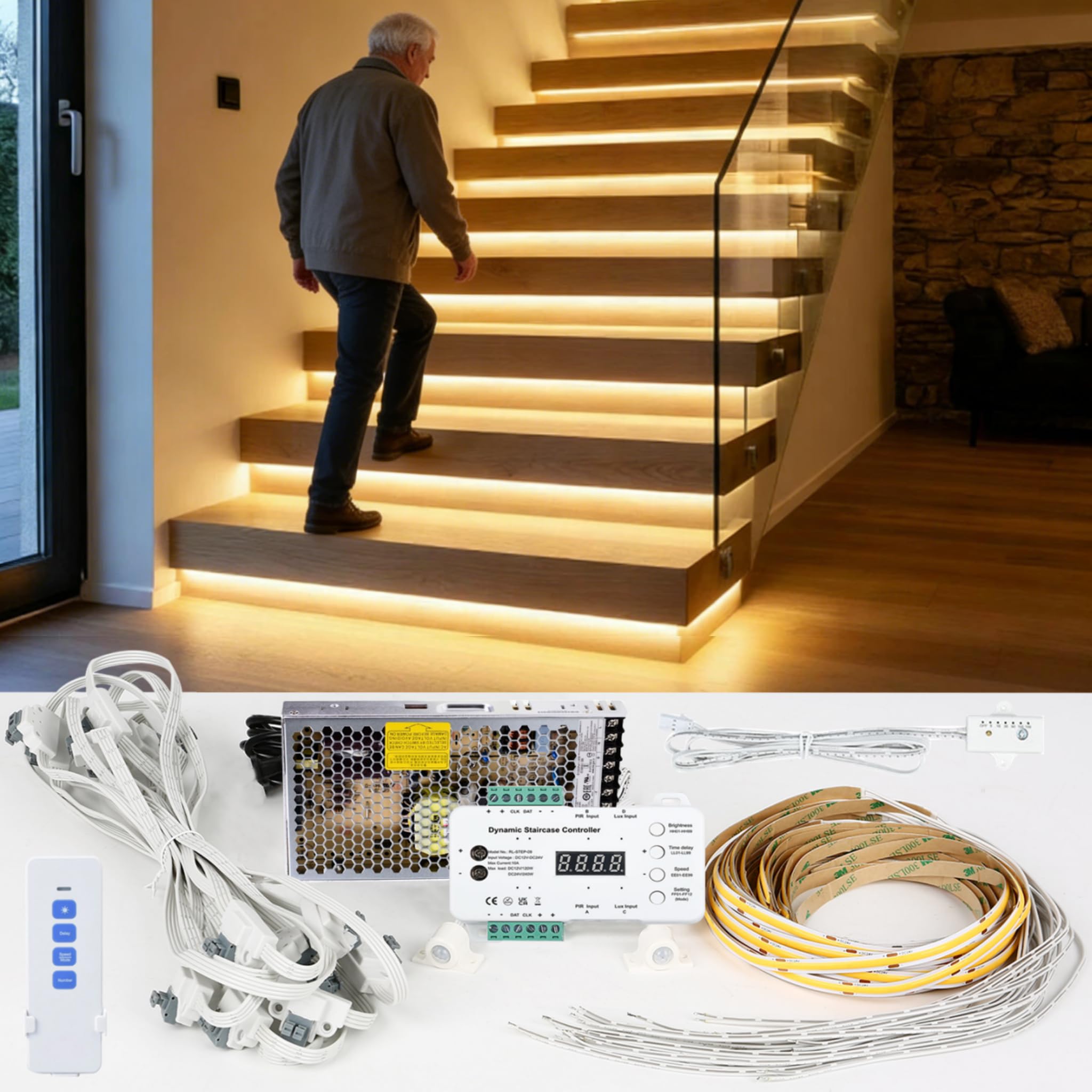 LED-Treppenstufenbeleuchtung mit Bewegungsmelder & Tageslichtsensor,100cm Zuschneidbarer LED-Lichtstreifen für Innentreppen16 Stufen Treppenlicht