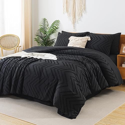 Miniatura 2 de Litanika Juego de edredón negro tamaño Queen con sábanas, 7 piezas de cama en una bolsa, juego completo de ropa de cama con edredón, sábanas, fundas