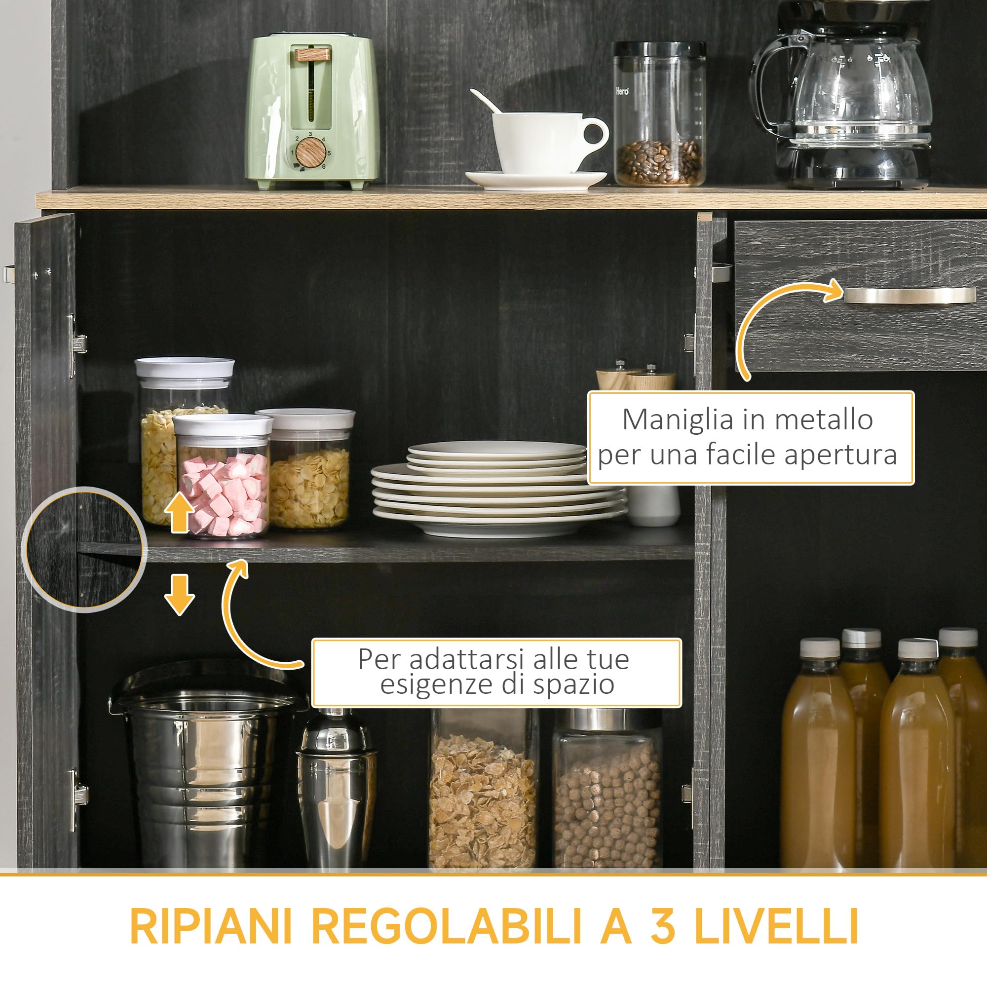 HOMCOM Credenza Cucina con Armadietti, Cassetto e Piano Portamicroonde, Mobile Dispensa Stretto con Ante e Ripiani Regolabili, Mobile Cucina per Soggiorno, Sala da Pranzo, 101x39x180 cm, Nero