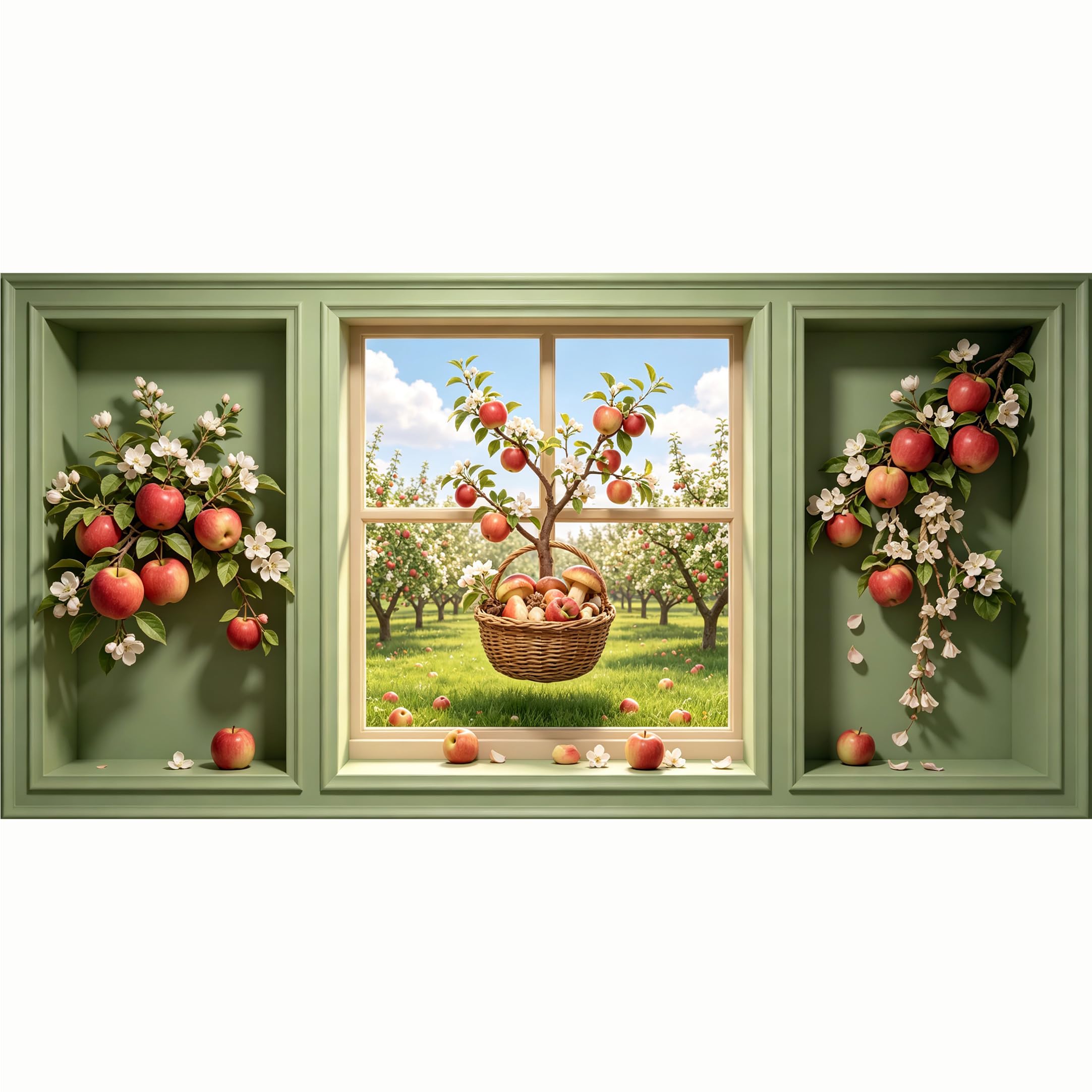 QZLITHOTIC 50x100cm 3D Framed Wall Art， Botanical Orchard Apple Tree Landscape SelfAdhesive Mural， WaterActivated Peel & Stick Fabric Decor Wall Decal for Bedroom Living Room