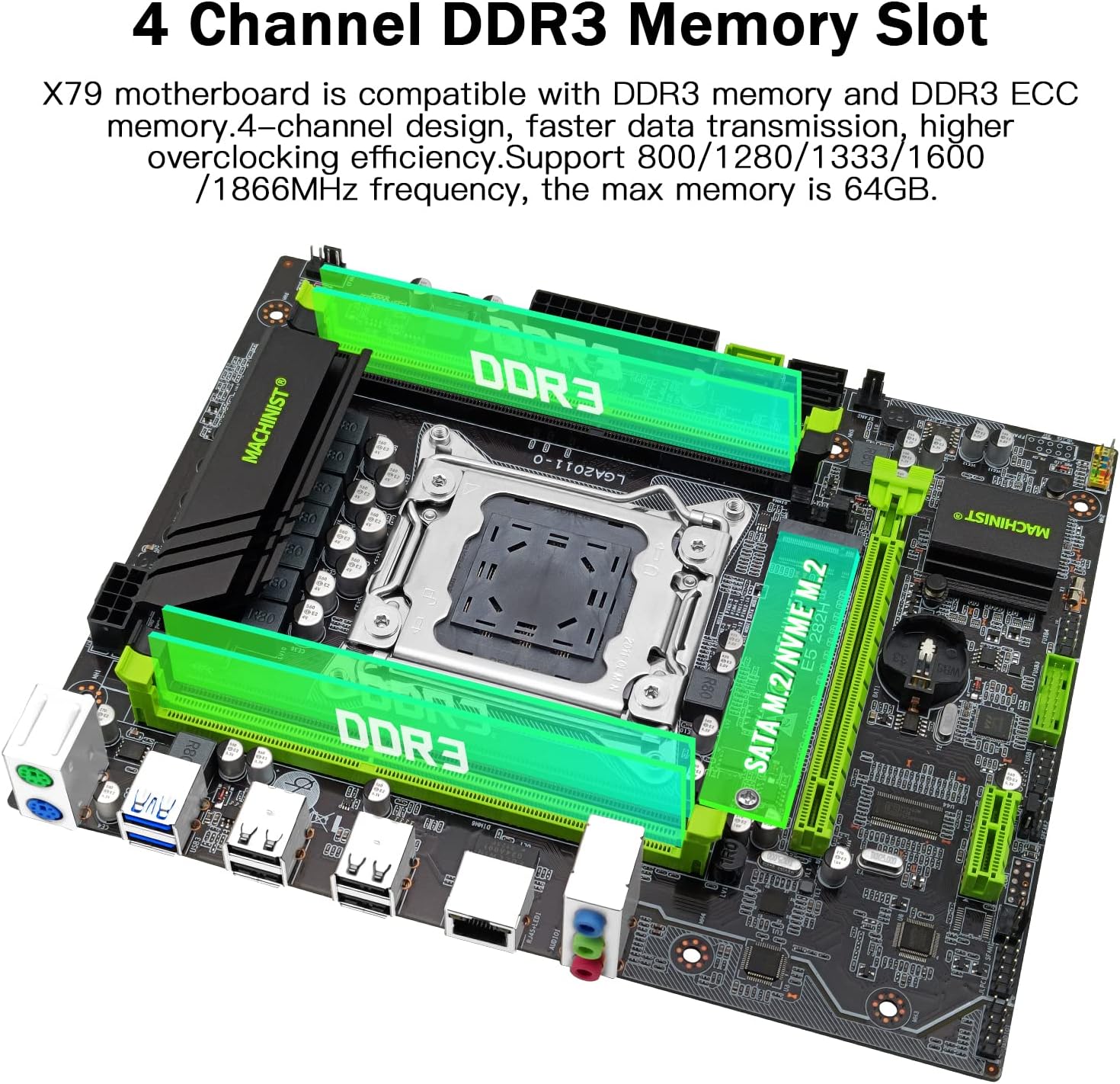 MACHINIST X79 Server Motherboard, Intel 3th Gen LGA 2011 Computer PC Motherboards (Micro ATX, PCIe 3.0, NVME/SATA M.2, 4 Channel DDR3, USB 3.0, SATA 6Gbps) for Intel Xeon E5 V1/V2, Core i7 Processor Green and 4 Channel