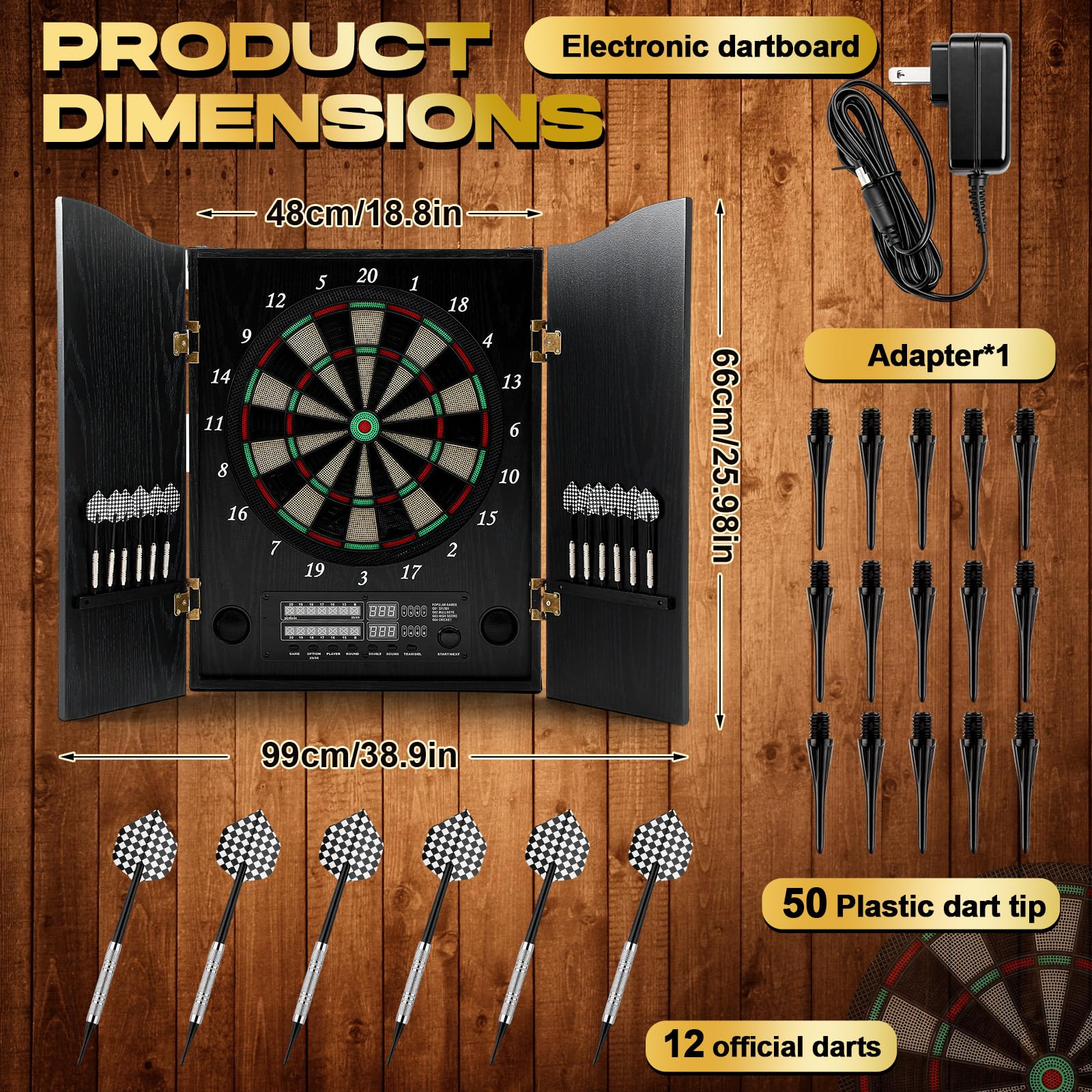 Arrowbash Elektronische Dartscheibe Schrank Set LED Elektronische Dartscheibe Holz Dartscheibe Schrank mit 8 Spielern 25 Spielen12 Soft Tip Darts 50 Ersatz für Erwachsene Familienspiel Keller Rec Room