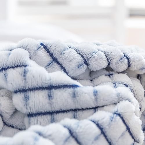 Miniatura 4 de LOMAO Manta de sherpa suave y cálida, manta gruesa con patrón de cuadrícula para sofá, cama, silla, decoración del hogar (azul marino, 51 x 63