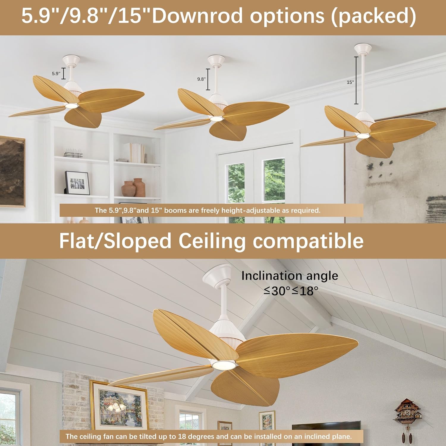 52" Ceiling Fan, Tropical Ceiling Fans with APP and Remote Control, Indoor Palm Leaf Ceiling Fans with Lights for Living Room Bedroom Patios, Dimmable(Light Wood Grain)