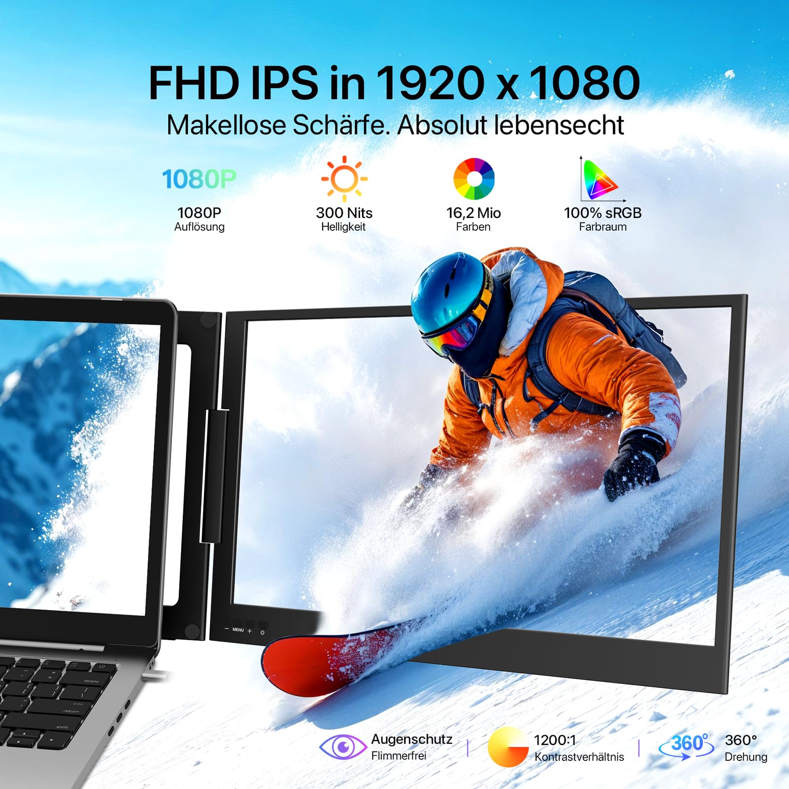 KPKUE Schermo di espansione per computer portatile, 15,6 pollici 1080p FHD triplo monitor in alluminio Compatibile con computer portatili da 12-16 pollici, per Mac, Windows e Chrome installazione