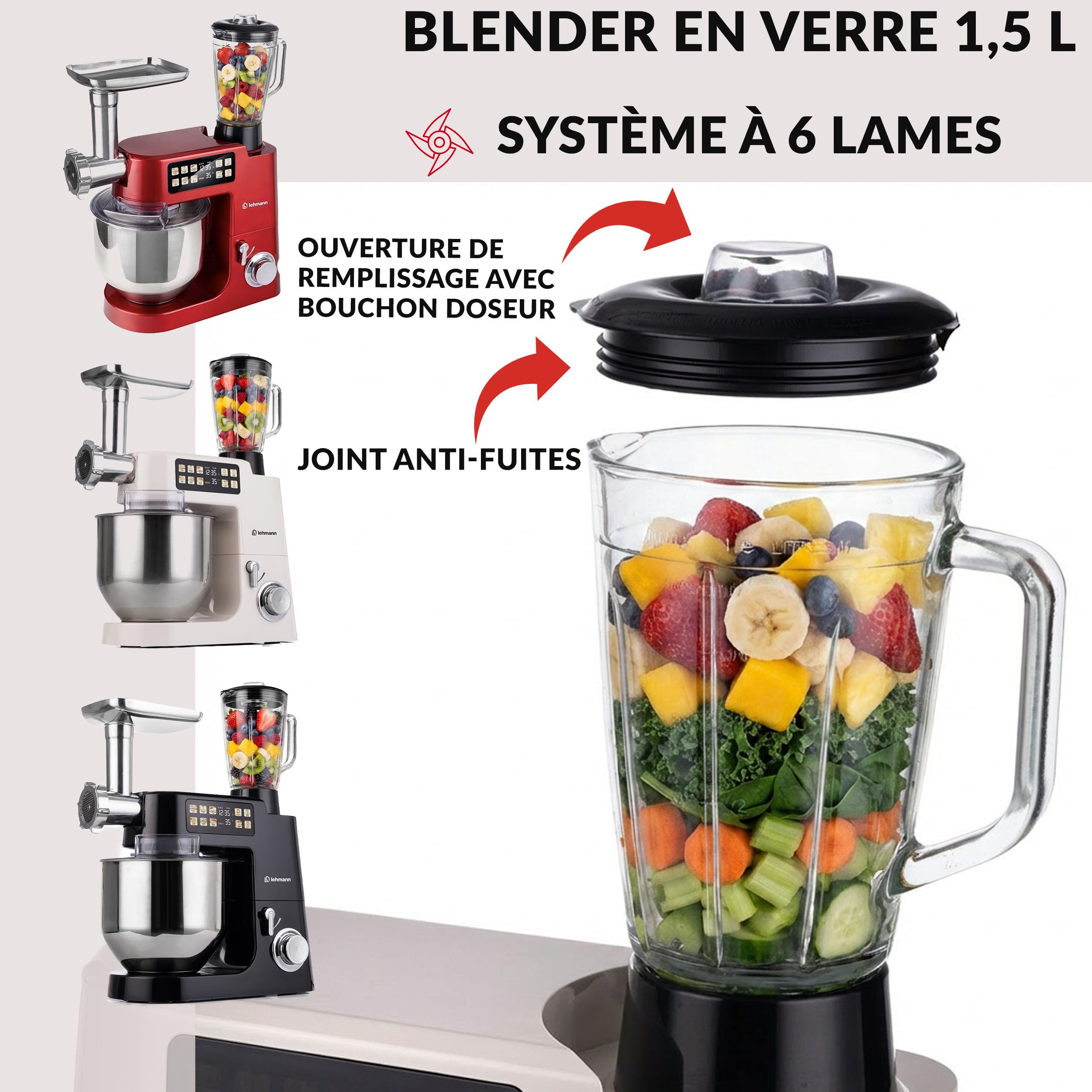 LEHMANN Teyles Robot Pâtissier Professionnel Multifonction 2100W 8L avec Balance Intégrée et Bol Chauffant, Pétrin à Pain et Pizza, Blender Verre 1,5L, Hachoir à Viande, Noir