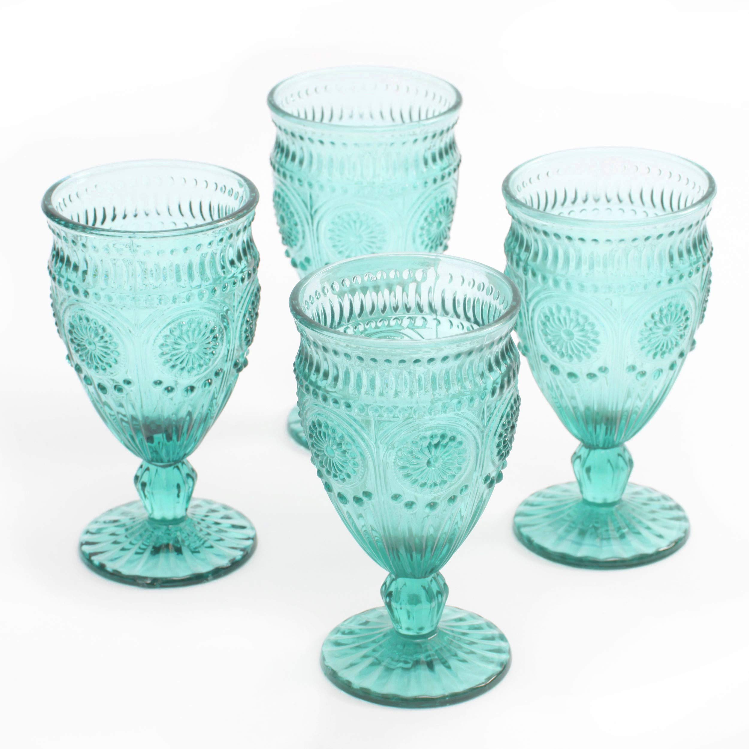 The Pioneer Woman Adeline Embossed 12-Ounce Footed Glass Goblets, Set of 4 (Turquoise) Blue
