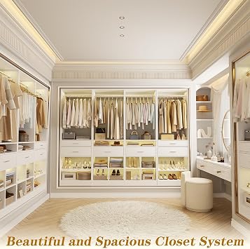 Unikito Closet System, 8.3FT Closet Organizer with 6 Wooden Drawers, Hanging Rods, Adjustable Shoe Rack and Cube Storage, Easy Assembly Wardrobe Tower, Set of 4, White