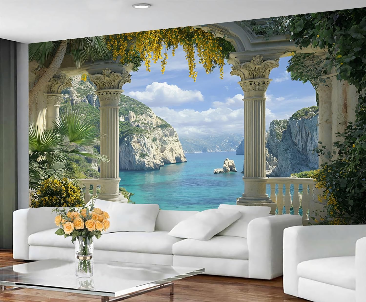 Italian Buildings Wall Murals, Mediterranean Seascape 3D Wall Mural, European Roman Columns Wallpaper, Wallpaper for Bedroom Living Room 138" W x 100" H