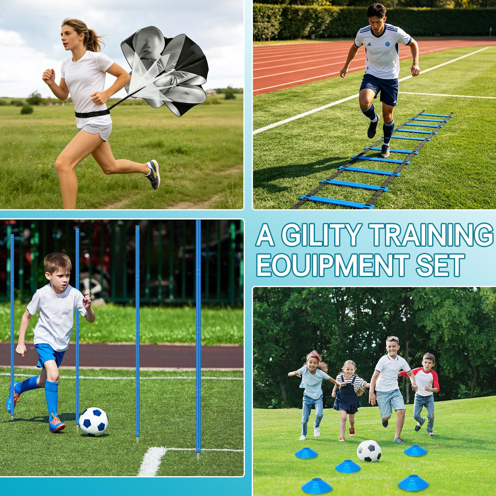 Entrainement Football Kit, Ensemble d'entraînement d'agilité de Vitesse, Avec Échelle de Rythme 6 M, 10 Cônes de Disque, Parachute de Course, Bâton D'entraînement Agile, pour Enfants et Adultes