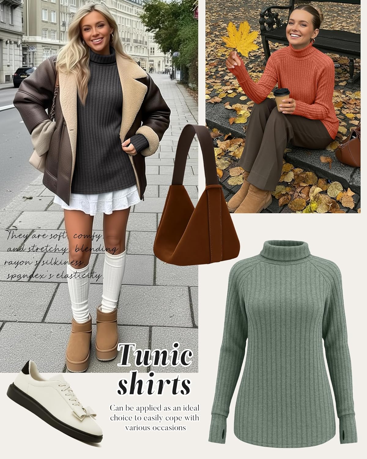 Ficerd 3 Pack Women's Turtleneck Long Sleeve Tunic Sweater Thumbhole, Ribbed Raglan Curved Hem Knit Shirts Loose Fall Winter - Image 3