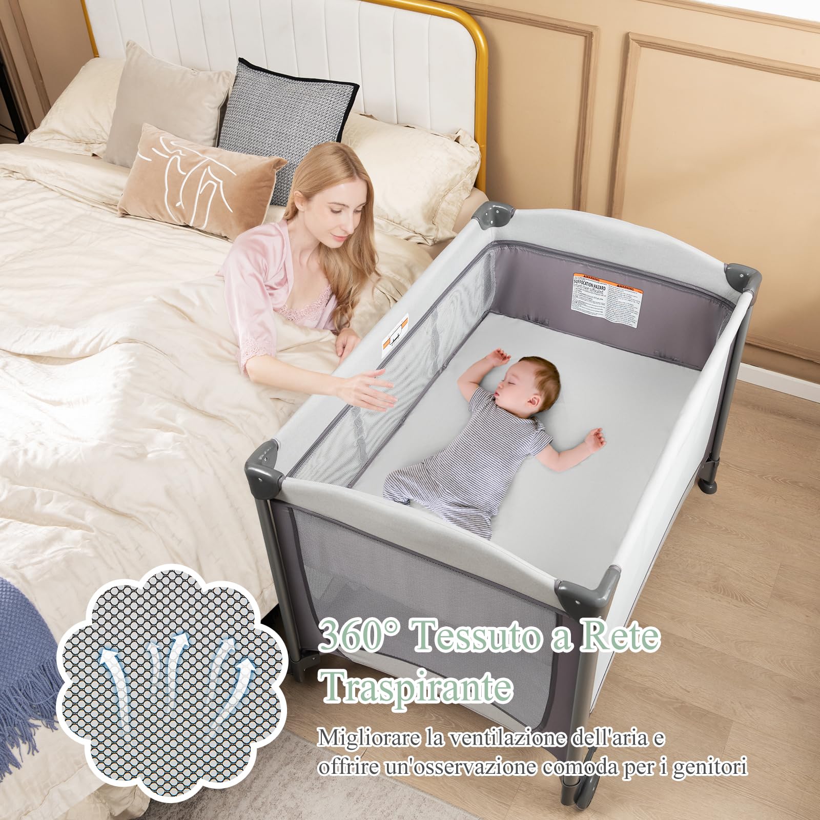 RELAX4LIFE 5-in-1 Lettino da Campeggio per Bambini, Culla Neonato Fianco Letto, Lettino Neonato con Materasso, Ruote Bloccabili e Borsa per il Trasporto, per Bambini 0-36 Mesi (Grigio)