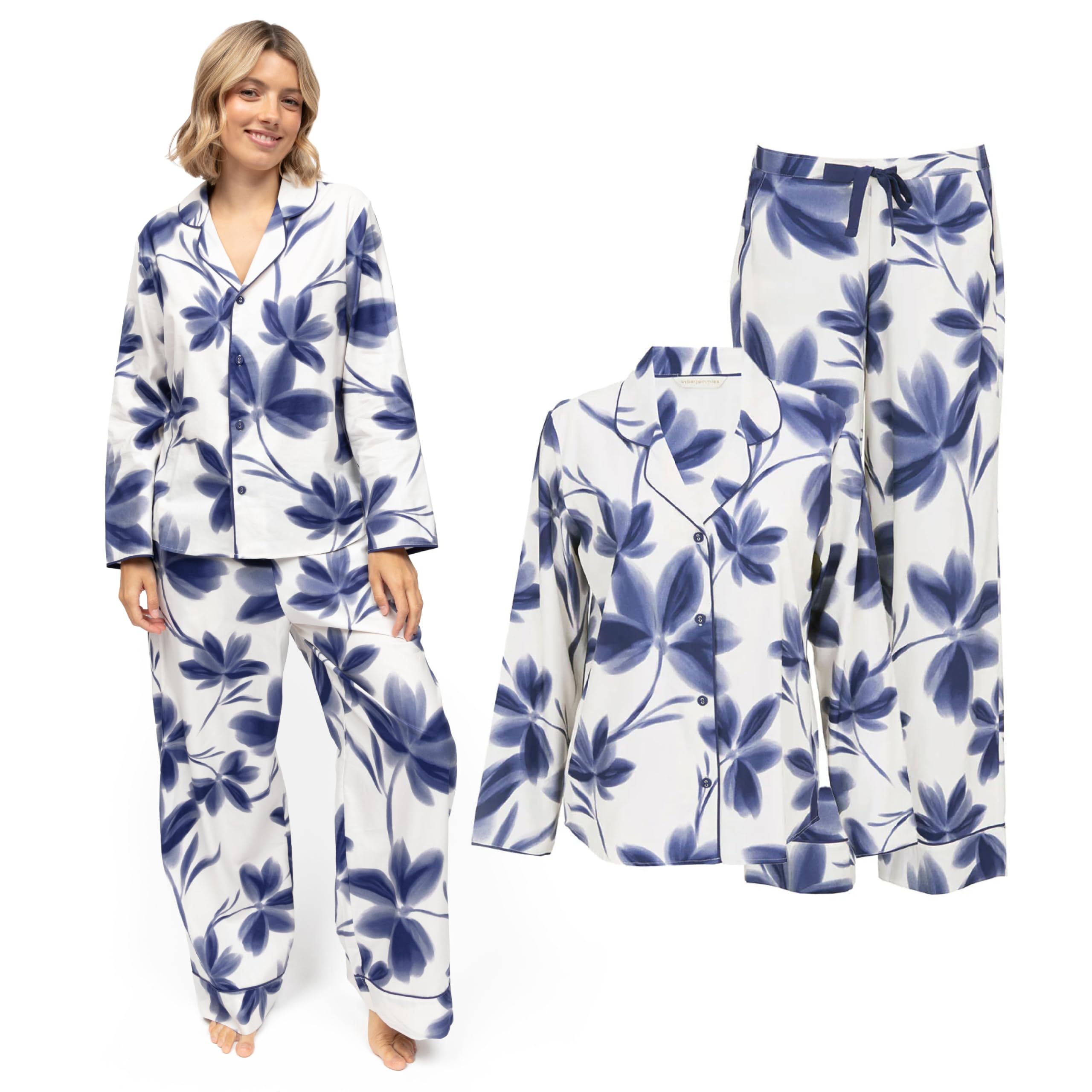 Cyberjammies Indigo Navy Floral Print Long Sleeve Wide Leg Pyjama Set, Dark Blue, Size 16, Women