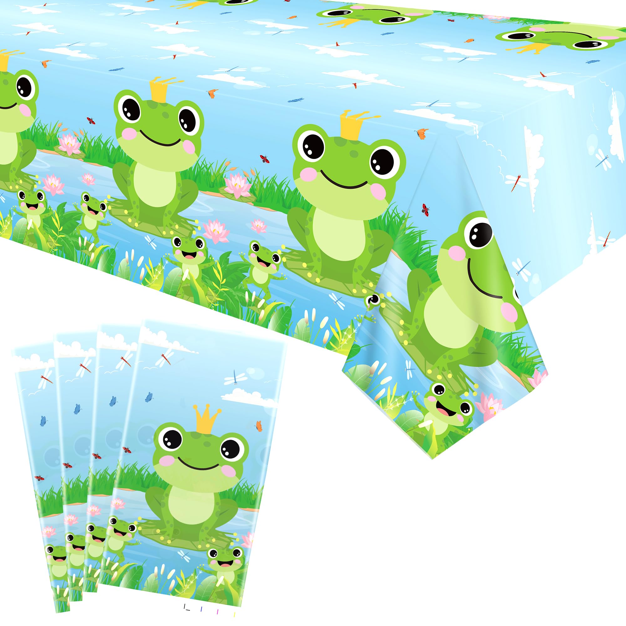 Obussgar 4 Piece Frog Party Tablecloth Supplies, Frog Party Rectangle Tablecloth, Frog Birthday Party Decorations - 51 x 86 Inch