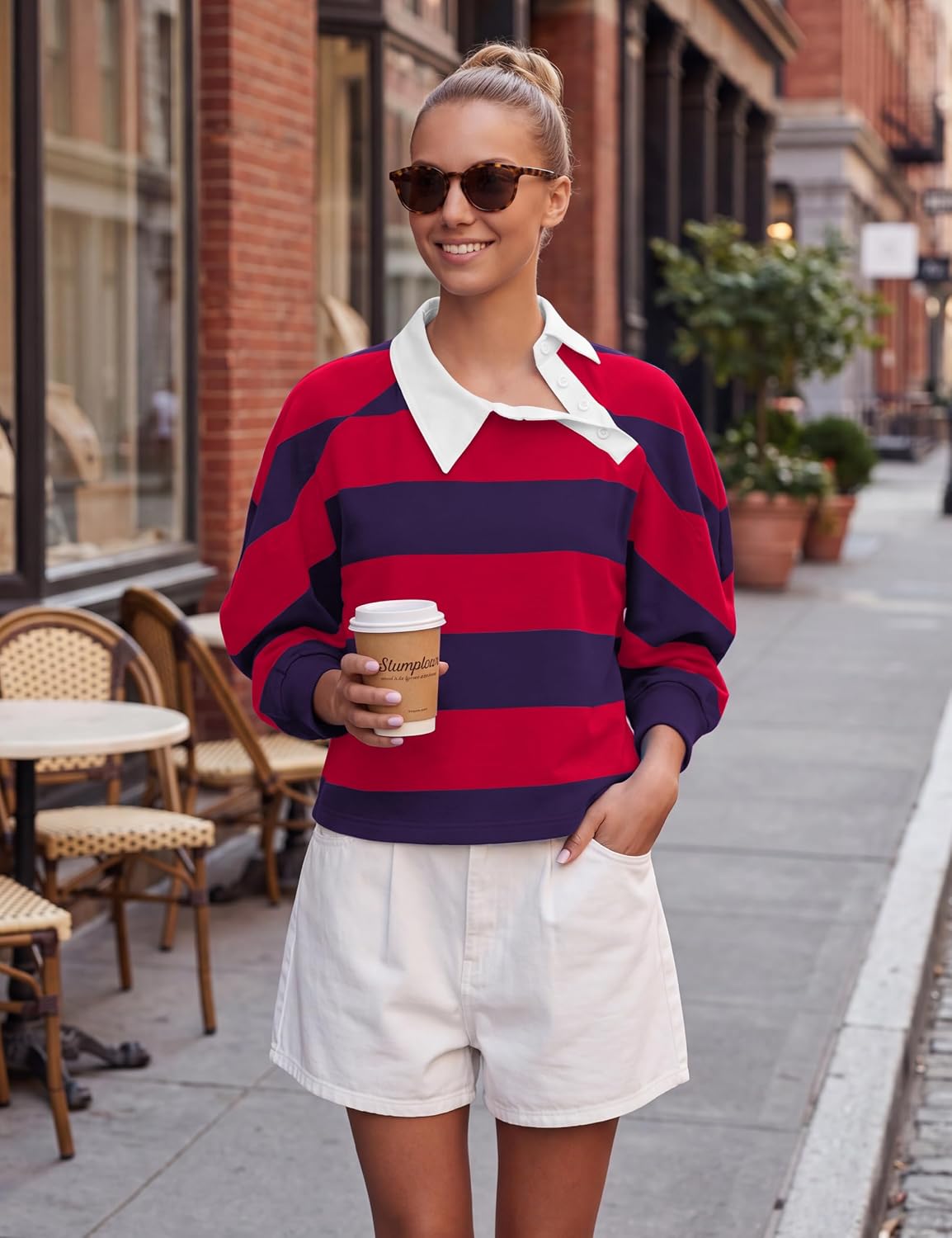 Women’s Stripe Rugby Polo Top Oversized Asymmetric Collared Balloon Sleeve Rugby Shirt Cropped Fall Trendy T-Shirt