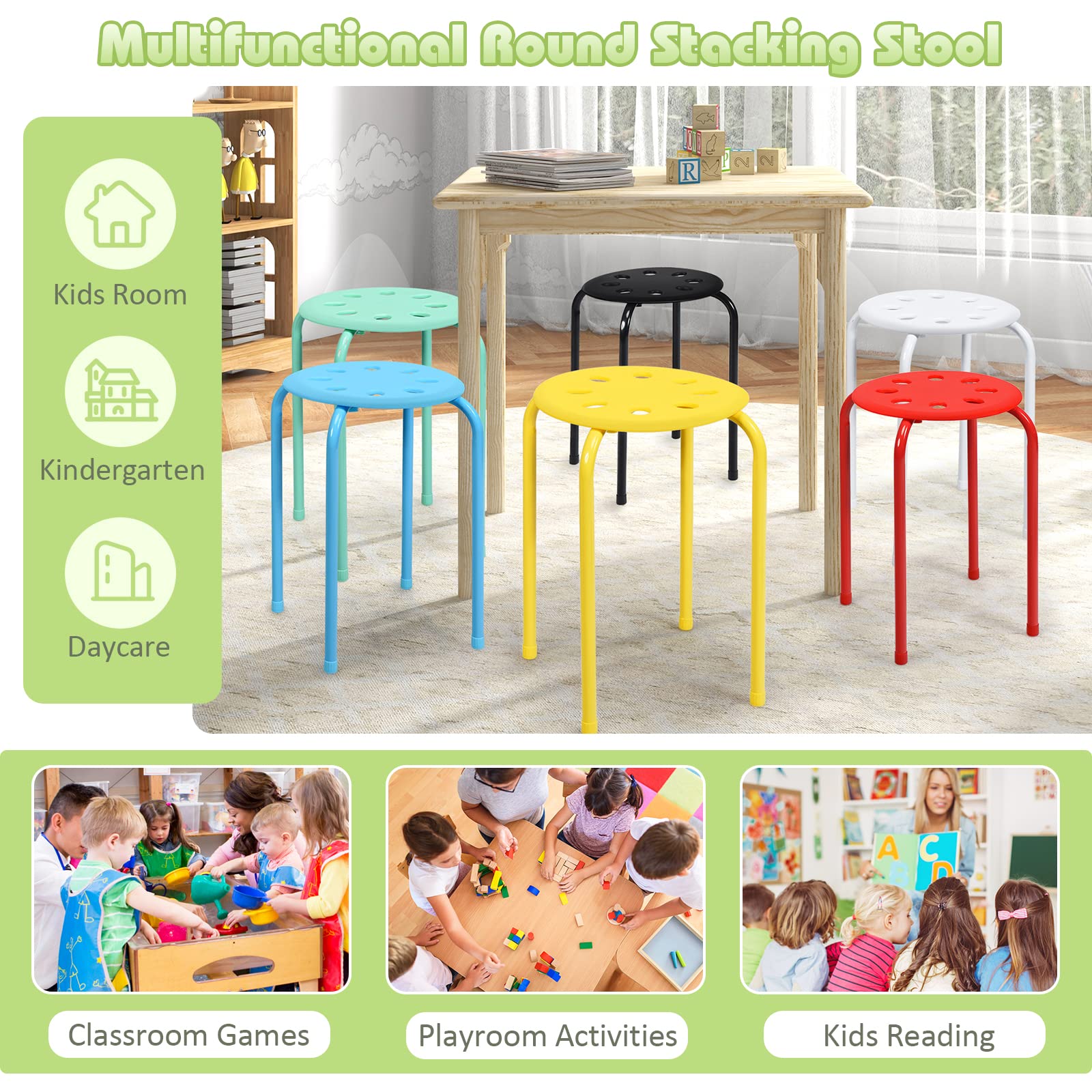 HONEY JOY 6 Pack Stackable Stool, 17.5” Kids Stacking Decoration Stool Set w/Metal Frame & Plastic Seat, Backless Round Flexible Seating for Children's Table, School, Classroom(6 Piece, Assorted)
