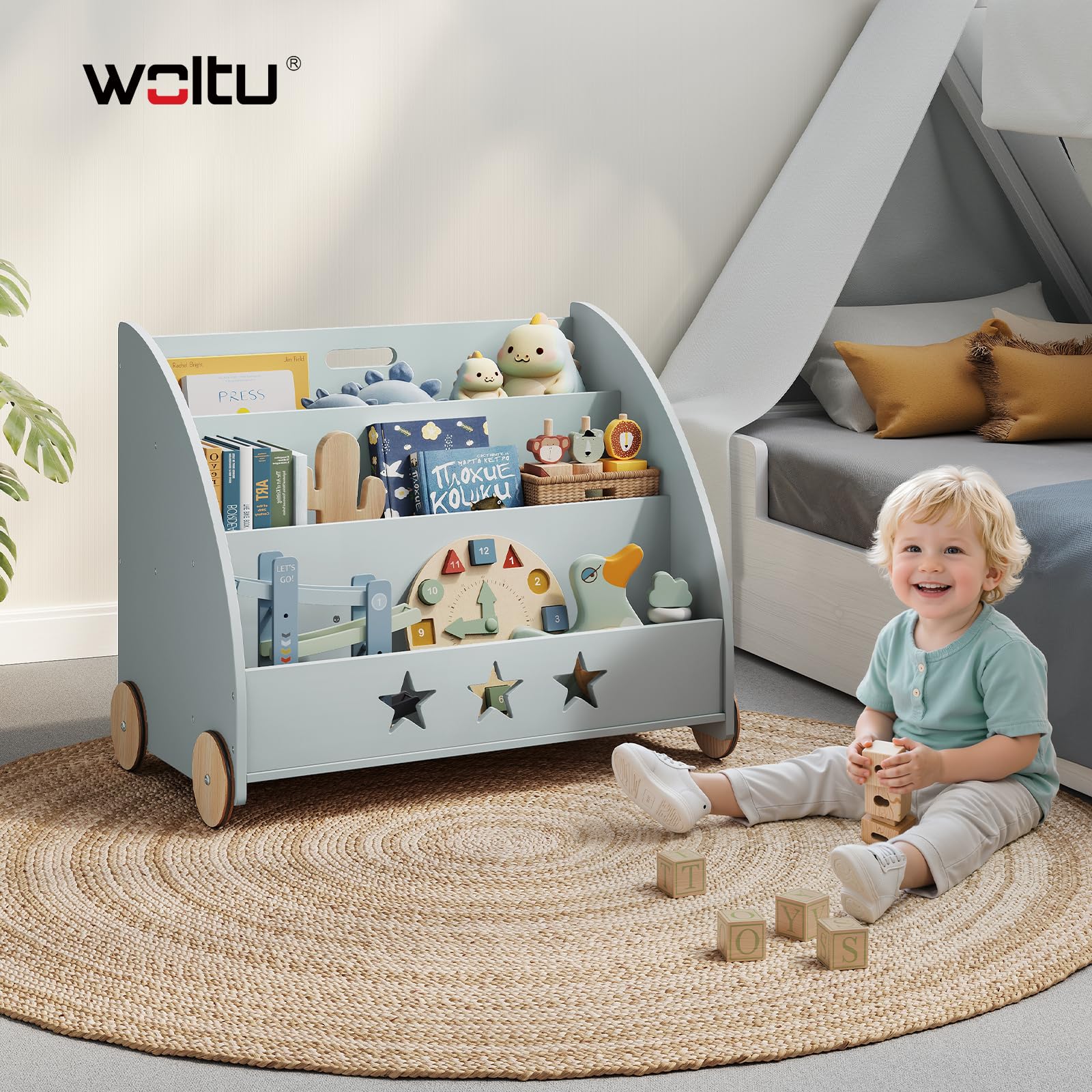 WOLTU Estantería para Niños con 4 Ruedas y 3 Estantes Pequeños, Librero Infantil para Habitación Organizador Multiusos, Estante de Mini Libreria Gris Maderam