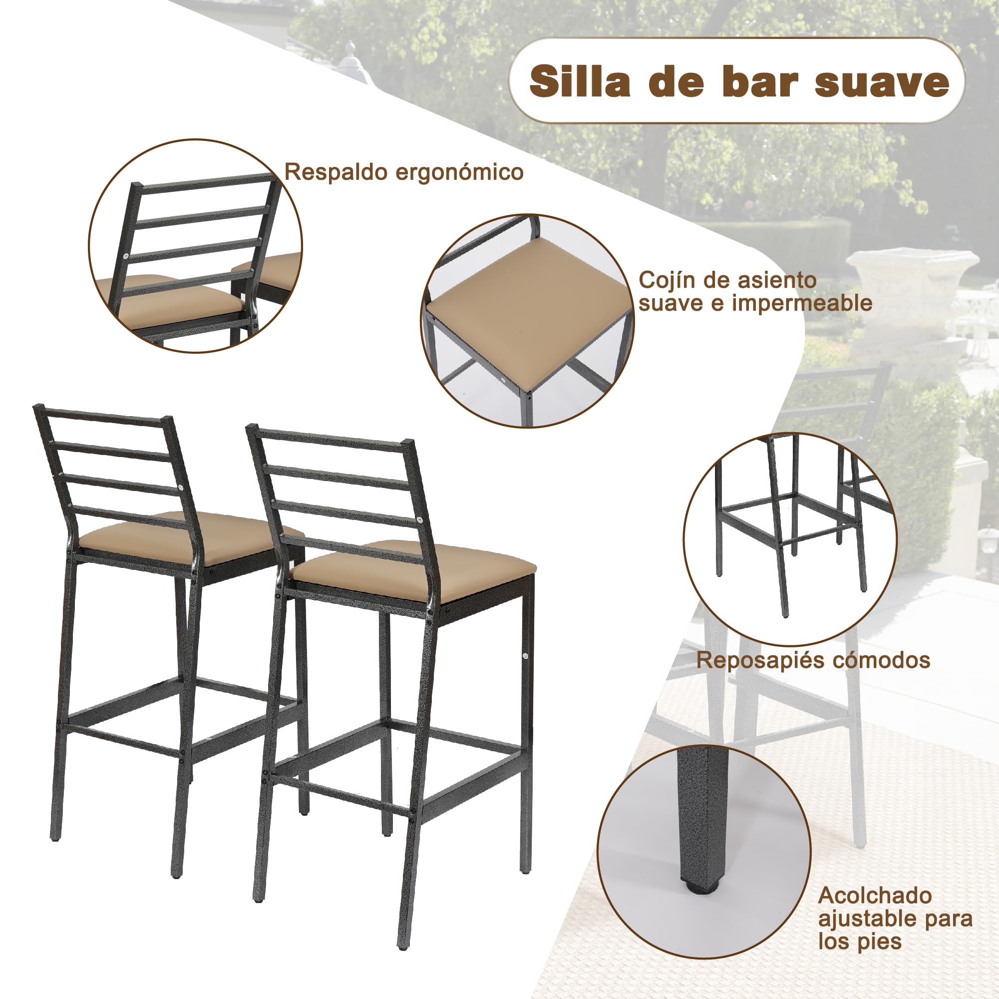 Juego de Comedor y Bar para Patio de 3 Piezas, Mesa Rectangular Resistente de 140 cm de Altura con 2 taburetes Acolchados, Mesa y sillas de Metal para Patio, Porche, bistró o balcón.